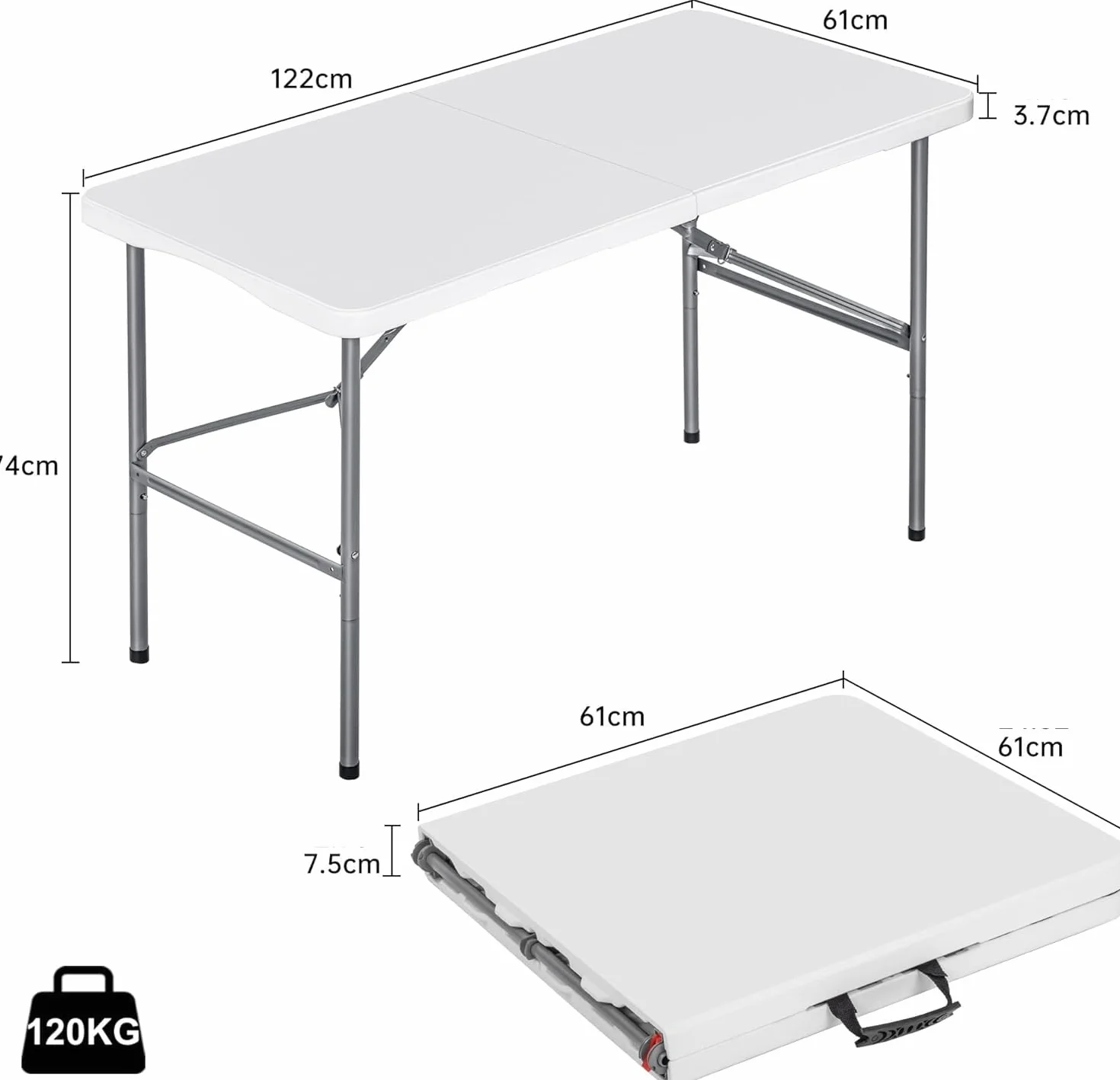 Mesa plegable camping portátil rectangular 122x61cm 120kg blanca