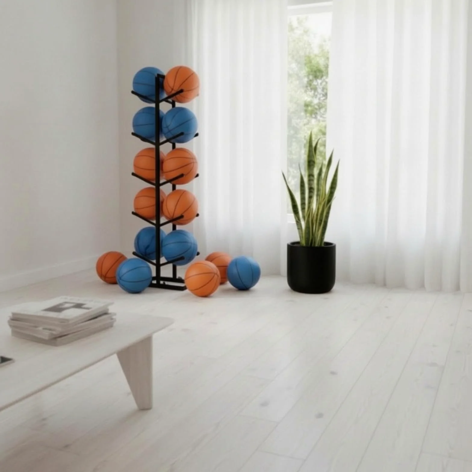 Yajuyi Estante para Balones Organizador de Pelotas Soporte Almacenamiento Exhibidor Estructura de Cinco Niveles Hierro Tubular Base Estable Ahorro de Espacio