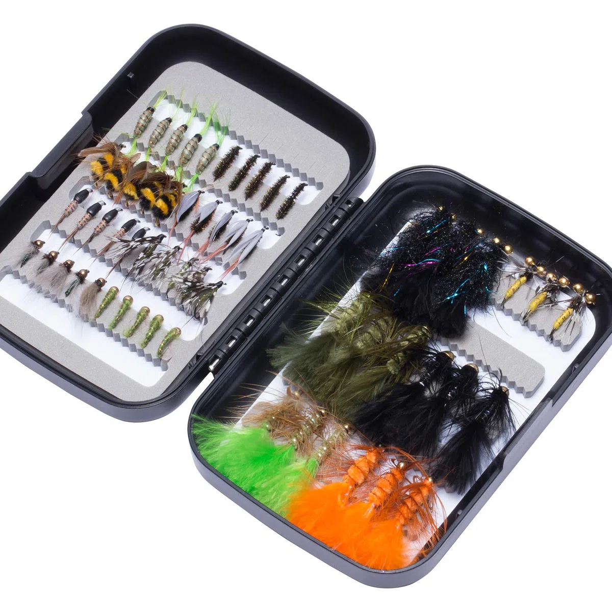 BASSDASH Kit de Moscas de Pesca con Mosca, Surtido de Moscas, Pesca de lubina con Caja de Moscas, 36/64/72/76/80/96 Piezas con Moscas secas/húmedas, ninfas, serpentinas, Popper