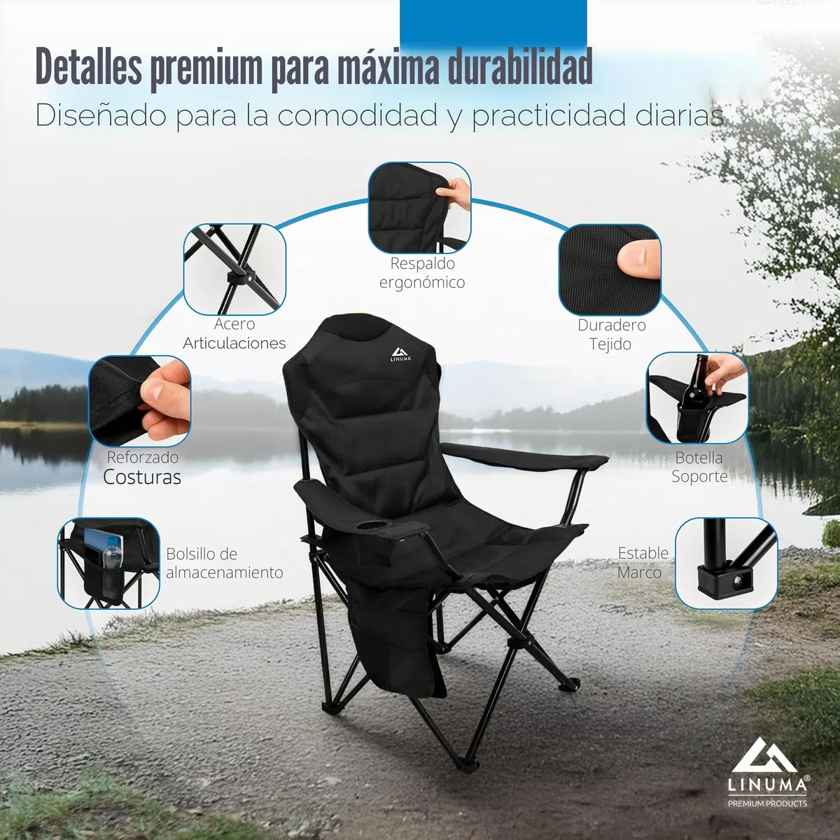 Silla de Camping de Lujo Plegable Color Negro con Soporte para Bebidas y Bolsa de Transporte – Silla Resistente y cómoda de Aluminio para Camping, Pesca, jardín y Playa