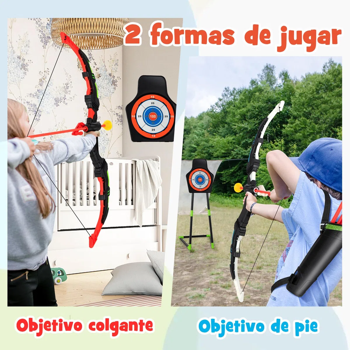 COSTWAY Juego de 2 Arcos y Flechas de Juguetes para Niños, Set de Juguetes de Tiro con Arco con 20 Flechas de Ventosa, Objetivo de Pie o Colgante, Portaflechas para Juegos para Niños de 3+ Años
