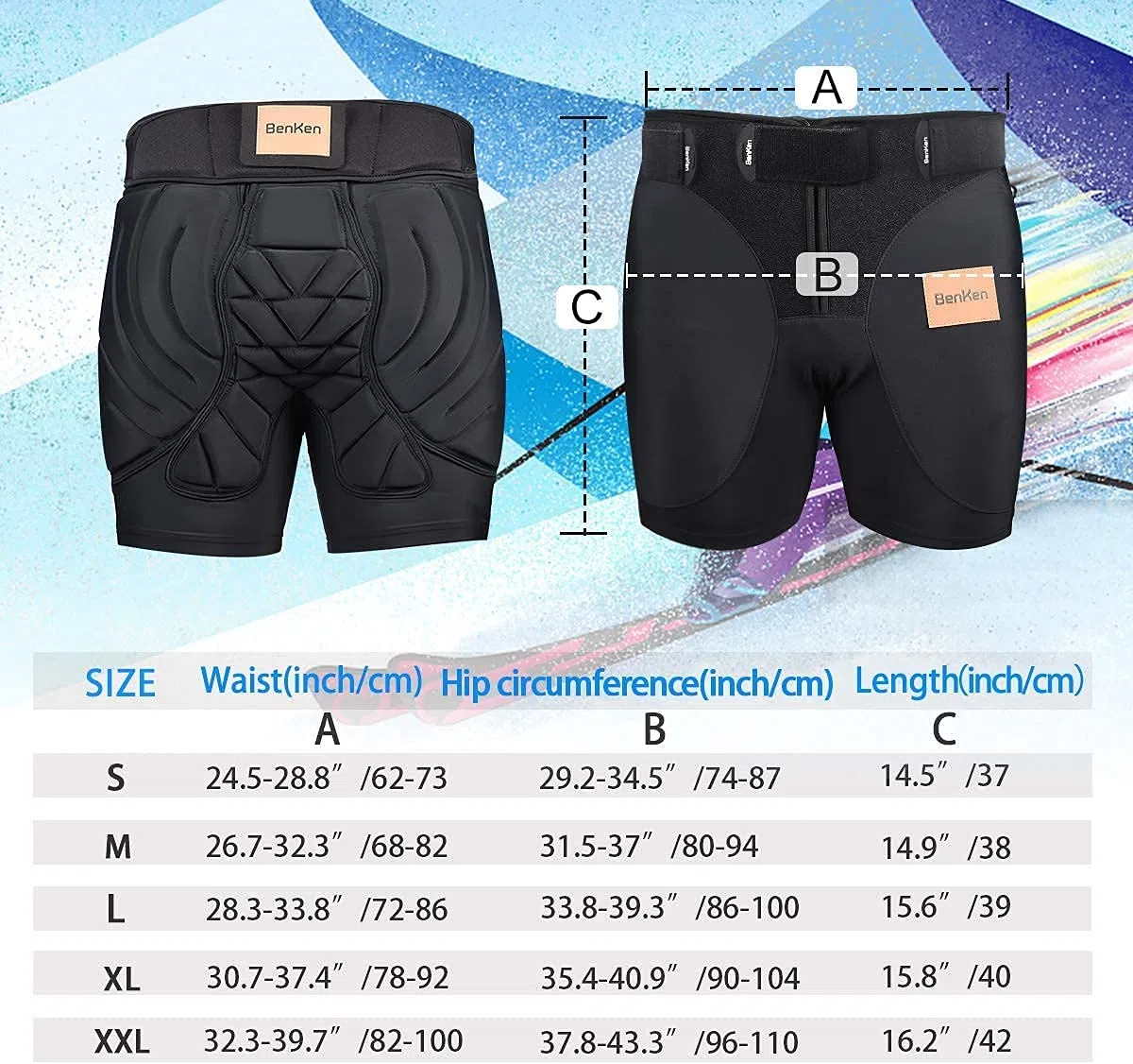 BenKen - Pantalones Cortos de esquí y Nieve, Protectores Acolchados Eva, protección 3D para Caderas, Culo y cóccix, Unisex, Transpirable, Resistente a los Golpes