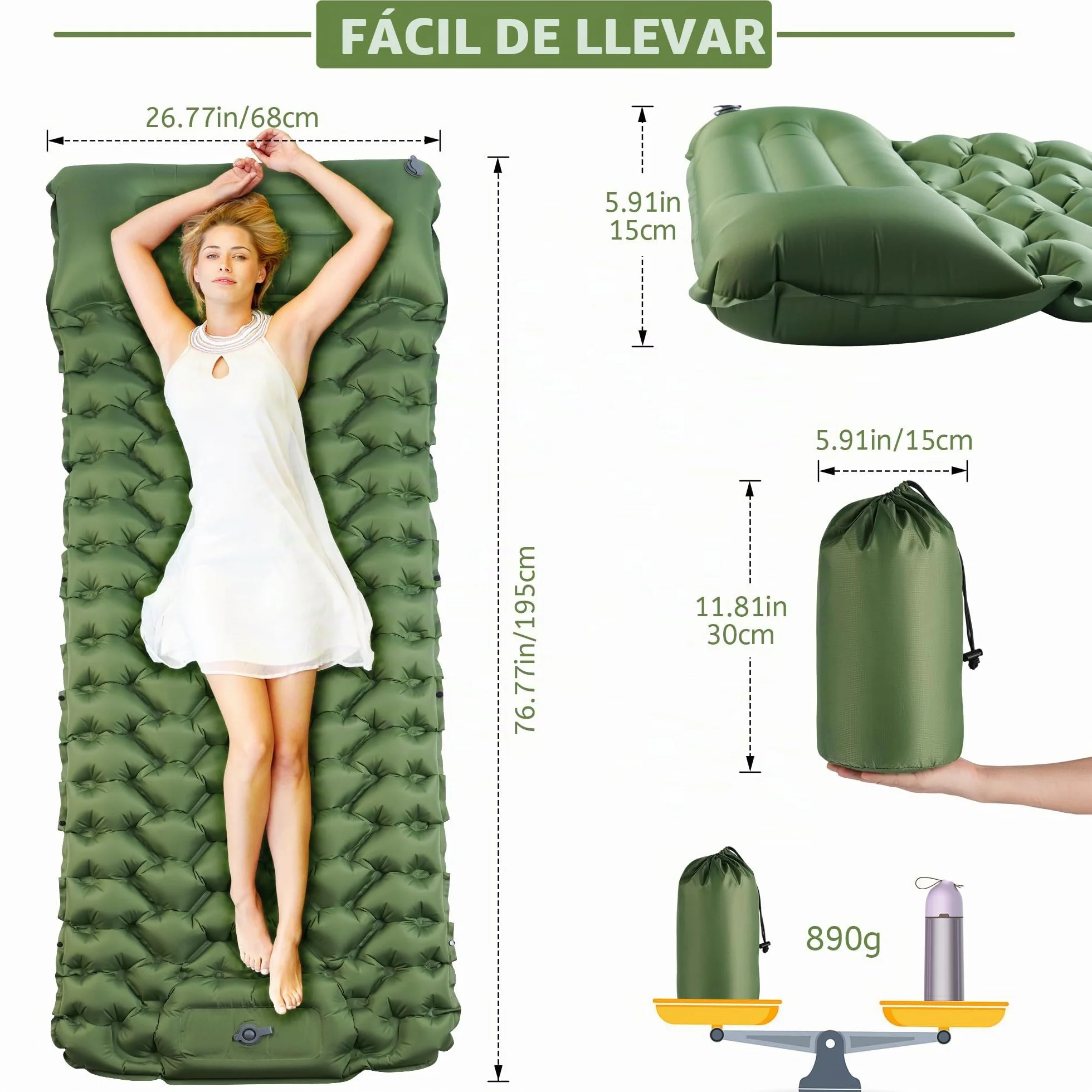 KUOGAS Esterilla Camping, Colchoneta Camping Ampliado y Grueso, Colchoneta Inflable con Bomba de Aire a Pedal, Colchoneta Ultraligera y Portátil, Ideal para Playa, Senderismo