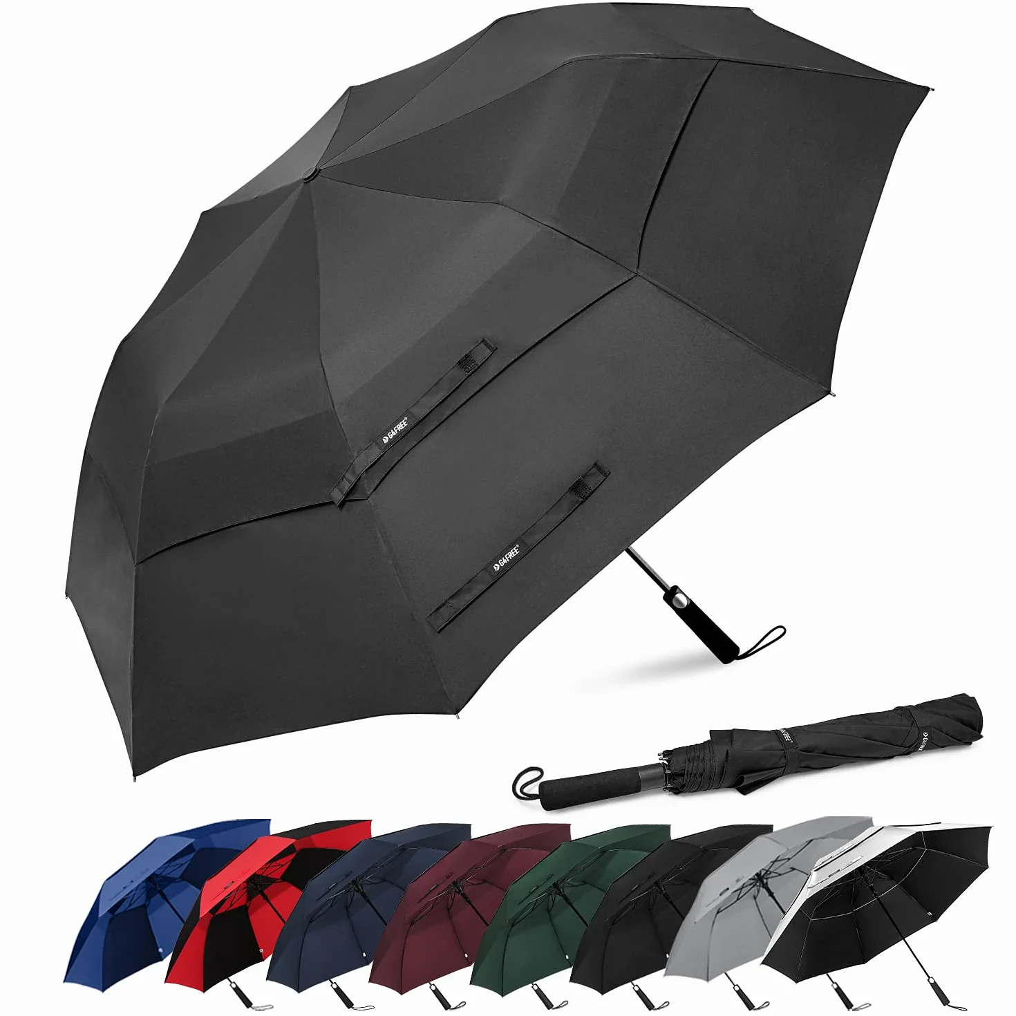 G4Free Paraguas de golf de 157,5 cm, portátil, apertura automática, gran tamaño, ventilado, doble dosel, resistente al viento, impermeable, para hombres y mujeres, color negro