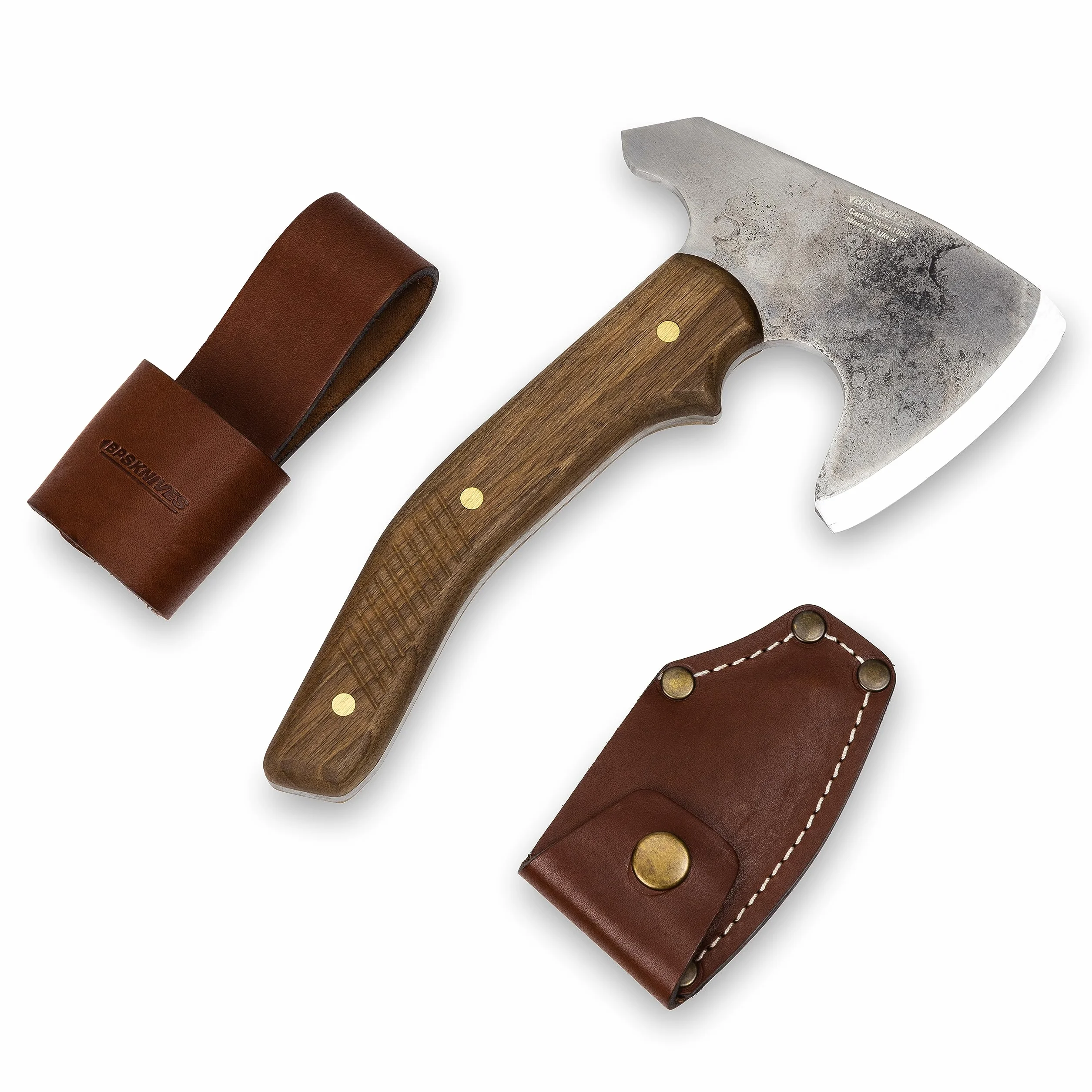 BPS Knives Hacha Bushcraft con Funda de Cuero - Hacha de Camping de Acero al Carbono con Mango de Una Pieza