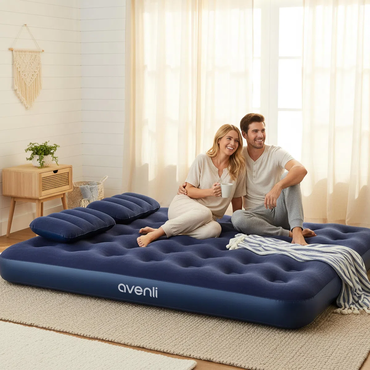 AVENLI Colchón Hinchable Queen-Size 203x152x22 cm, 2 Personas, Coil-Beam, con Bomba y 2 Almohadas, hasta 300 kg, Azul, Camping Cama supletoria Exterior – colchón Hinchable para 2 Personas