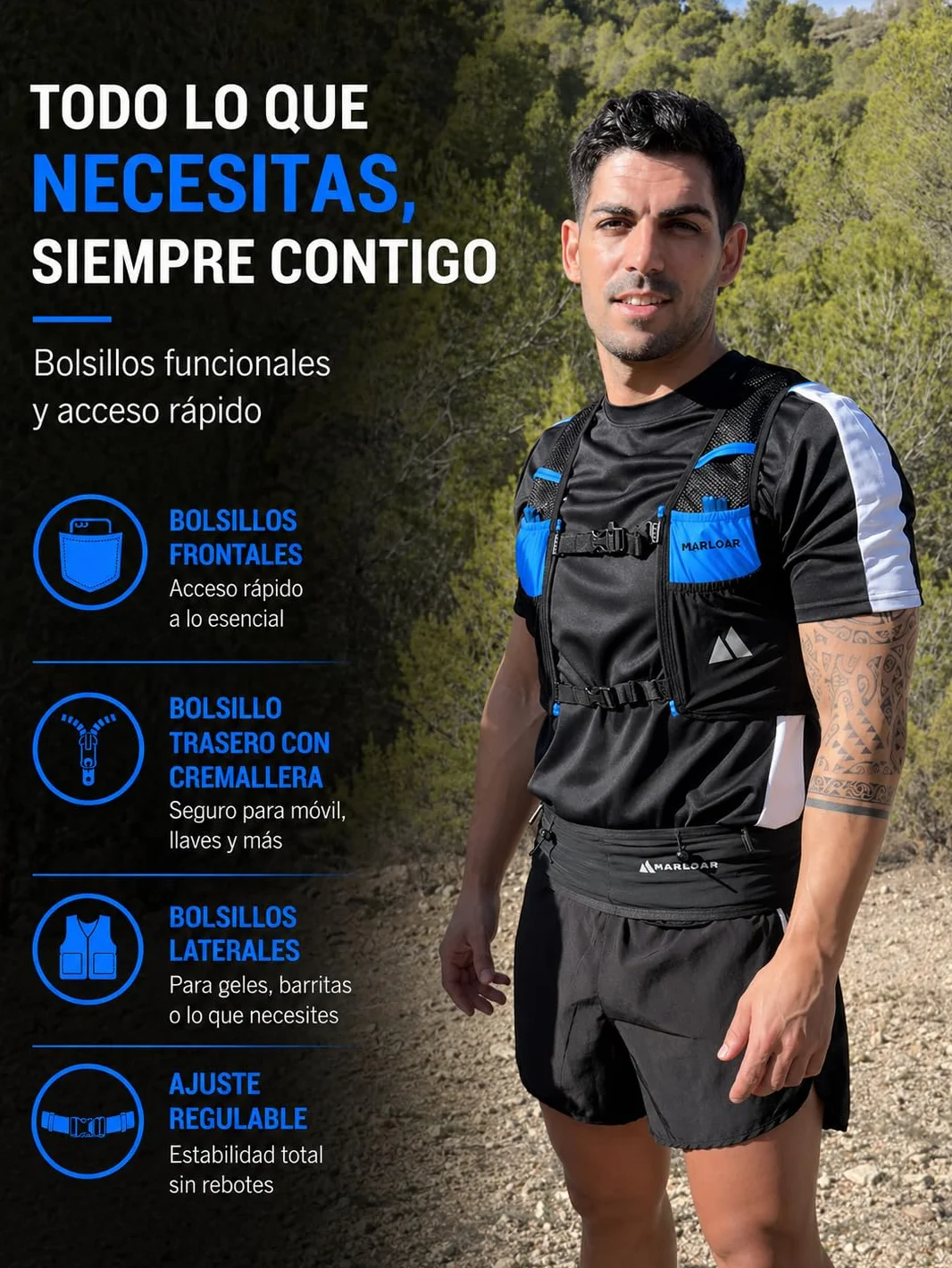 Chaleco Running Trail Running con 2 Soft Flask 500 ml Ajuste Cómodo Ligero Transpirable