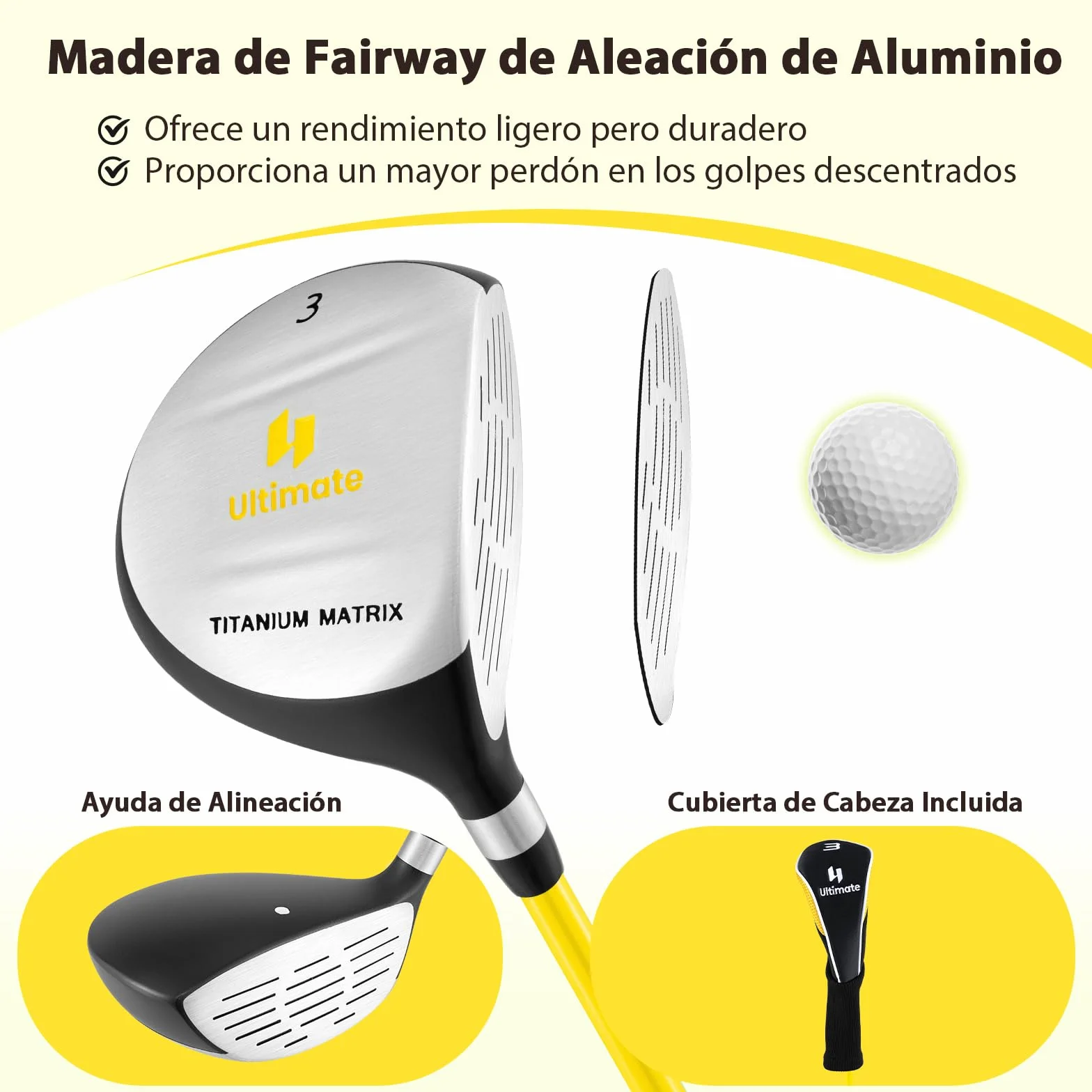 GYMAX Palo de Golf de Madera de Fairway Junior #3, Palo de Golf Infantil con Eje de Fibra de Vidrio y Funda de Espuma, con Agarre de Espuma para Niños de 8-10 Años, Mano Derecha, 34”