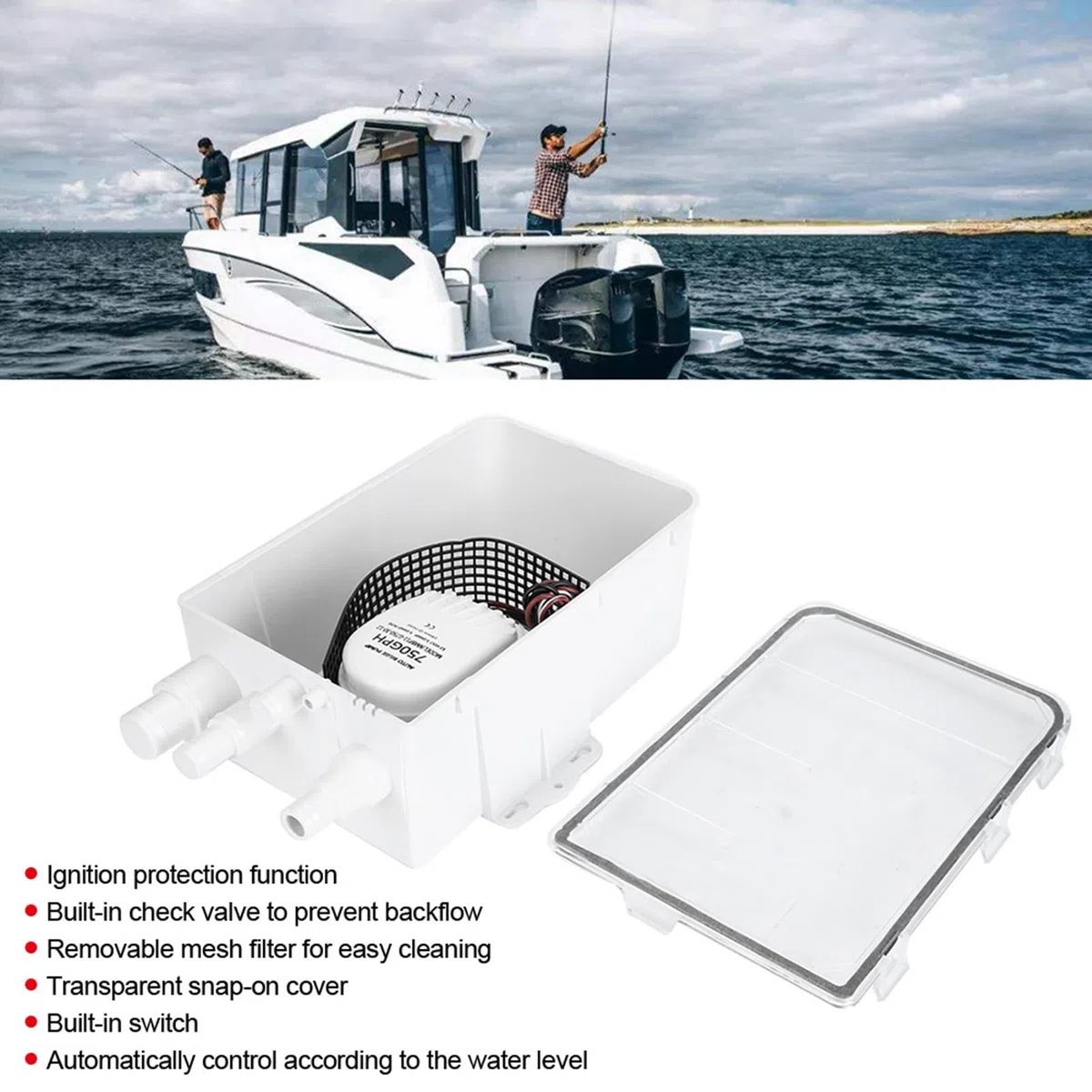 KIMISS Bomba de sumidero para ducha marina, de drenaje multipuerto 12V 750GPH, ideal para barcos y autocaravanas, caja de sumidero eficiente