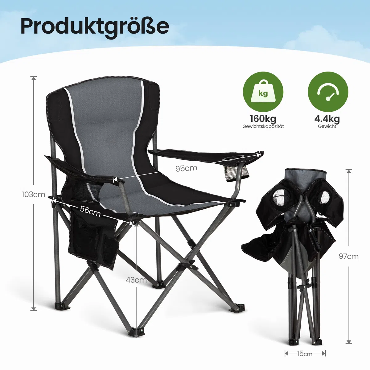 HIGH POINT SPORTS Silla de Camping Negro, Silla Camping Plegable Silla Plegable Portátil de Gran Tamaño, Silla Plegable Azul-Gris Resistente al Aire Libre 160KG Silla de Pesca (Negro 2 Piezas)