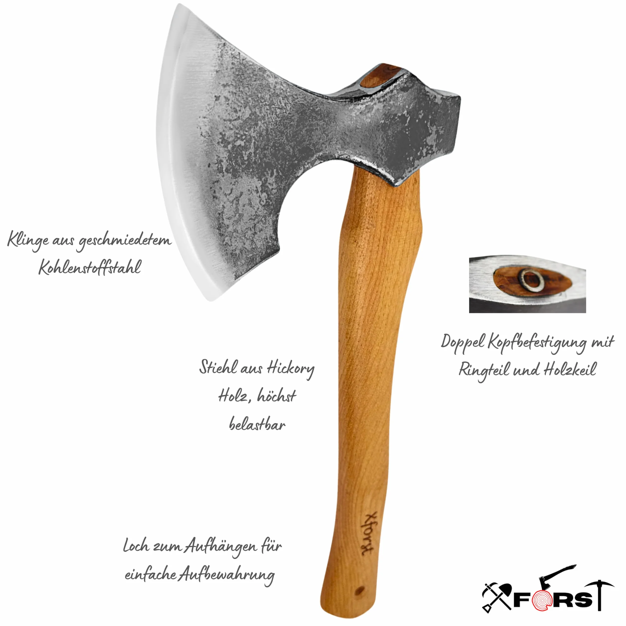 Xforst Hacha Vikinga, Hacha con Mango de Madera de Nogal Hickory Incluye Funda de Cuero Auténtico Negro - Modelo X-WIC