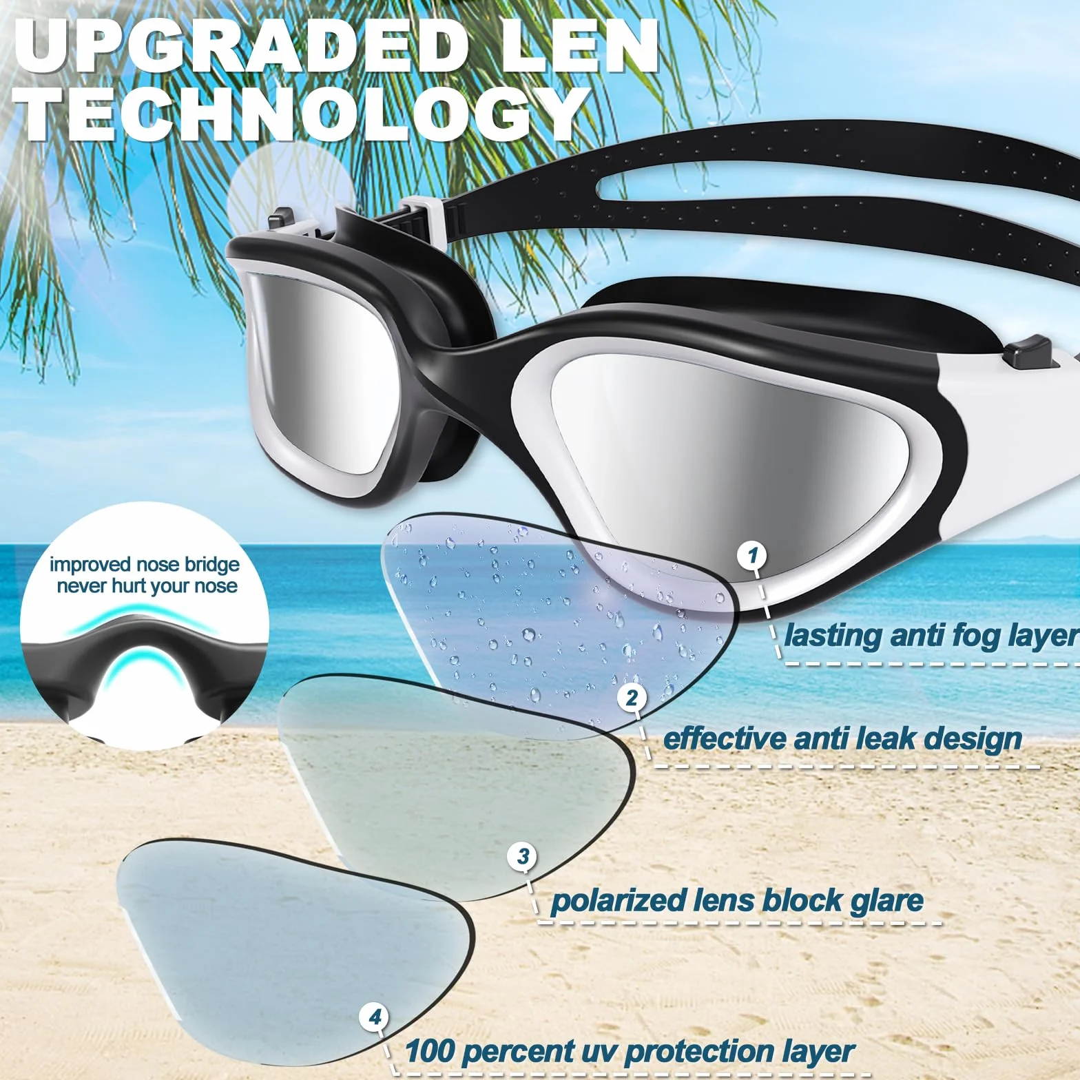 Gafas de natación polarizadas/no polarizadas, antiempañamiento UV a prueba de fugas silicona suave visión clara fáciles de ajustar para adultos y adolescentes
