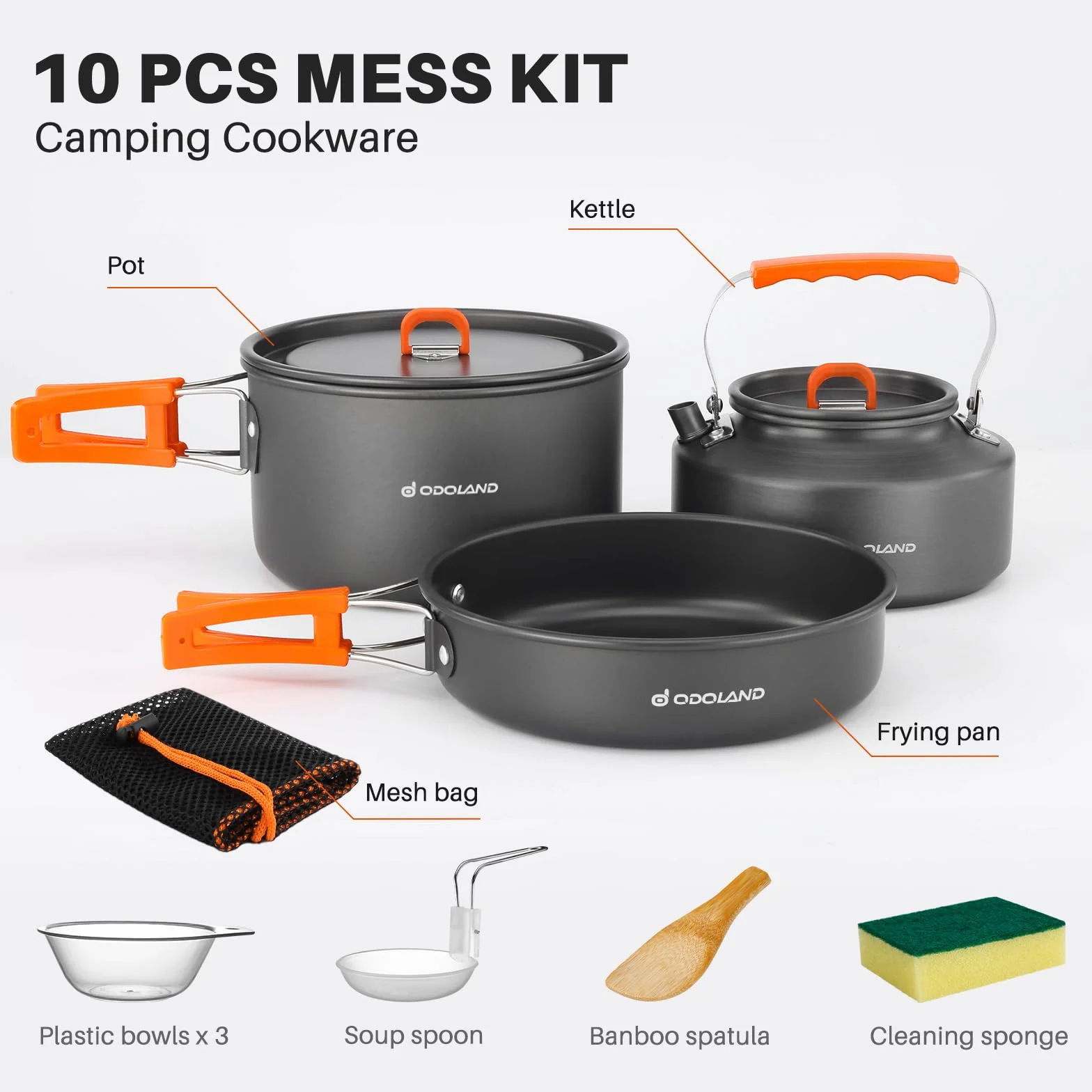 Odoland Utensilios de Cocina para Camping para 1-3 Personas, Ollas Sartén Hervidor de Camping, para Camping Senderismo Excursiones Cocina Outdoor y Picnics, Ollas 2.9L + Sartén 0.9L + Hervidor 1.6L