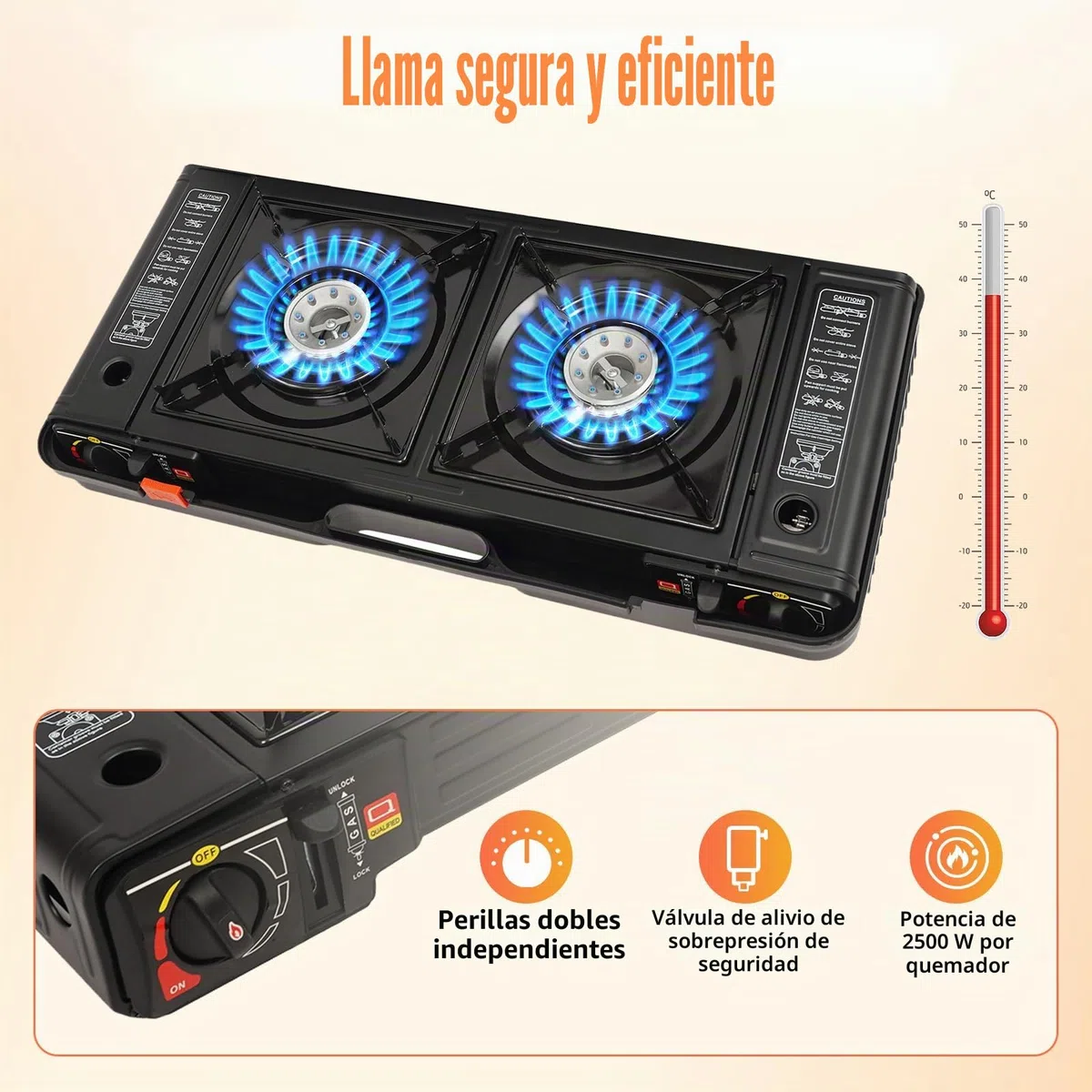 Hornillo de camping portátil de 2 quemadores de butano para exteriores, con placa para barbacoa, para picnic
