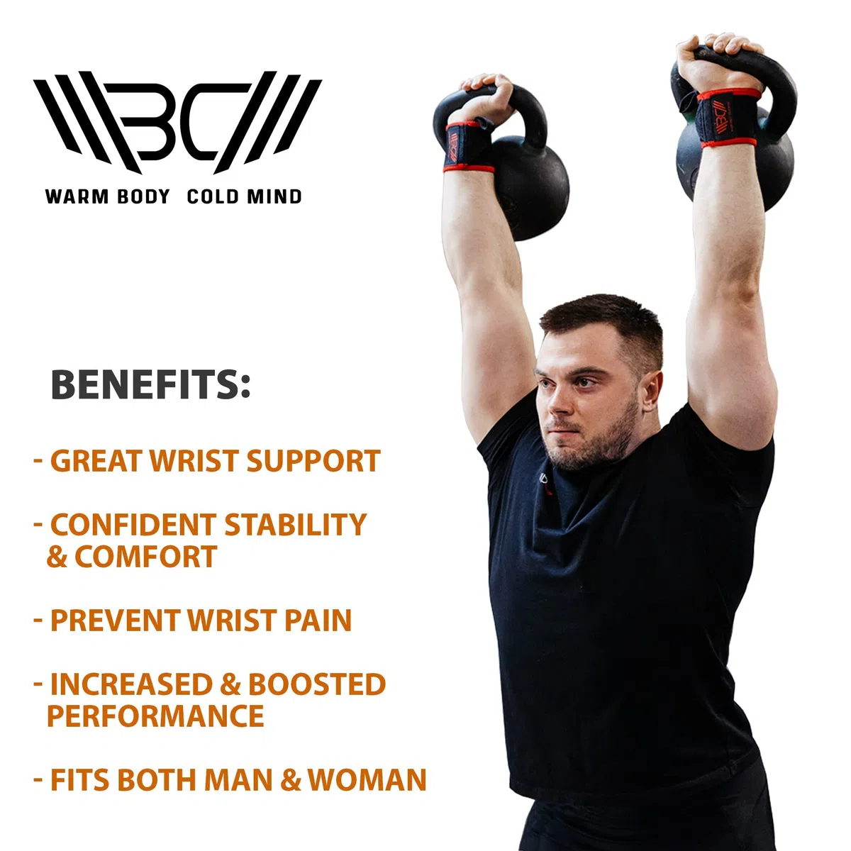 WARM BODY COLD MIND Velcro Muñequeras de Primera Calidad para Levantamiento de Pesas - Velcro Wrist Wraps Crossfit, Bodybuilding, Peso Muerto, Gimnasio, Entrenamiento, Fitness, Weightlifitng