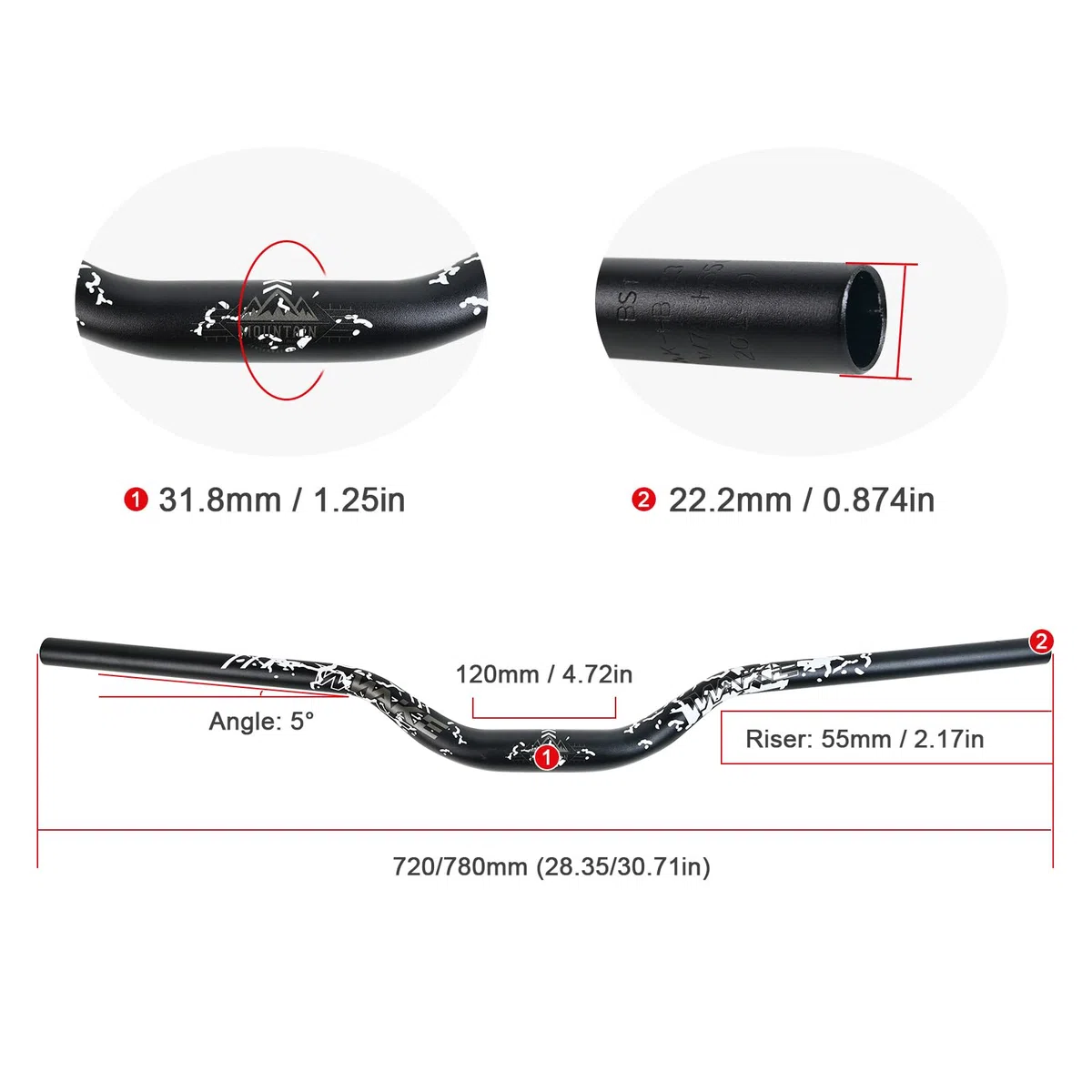 WAKE Manillares para Bicicleta 31,8mm*720mm Extra Largos Manillar Ancho Mangos de Aleación de Aluminio 55mm Riser Bar para MTB Ciclismo en Carretera (Negro)
