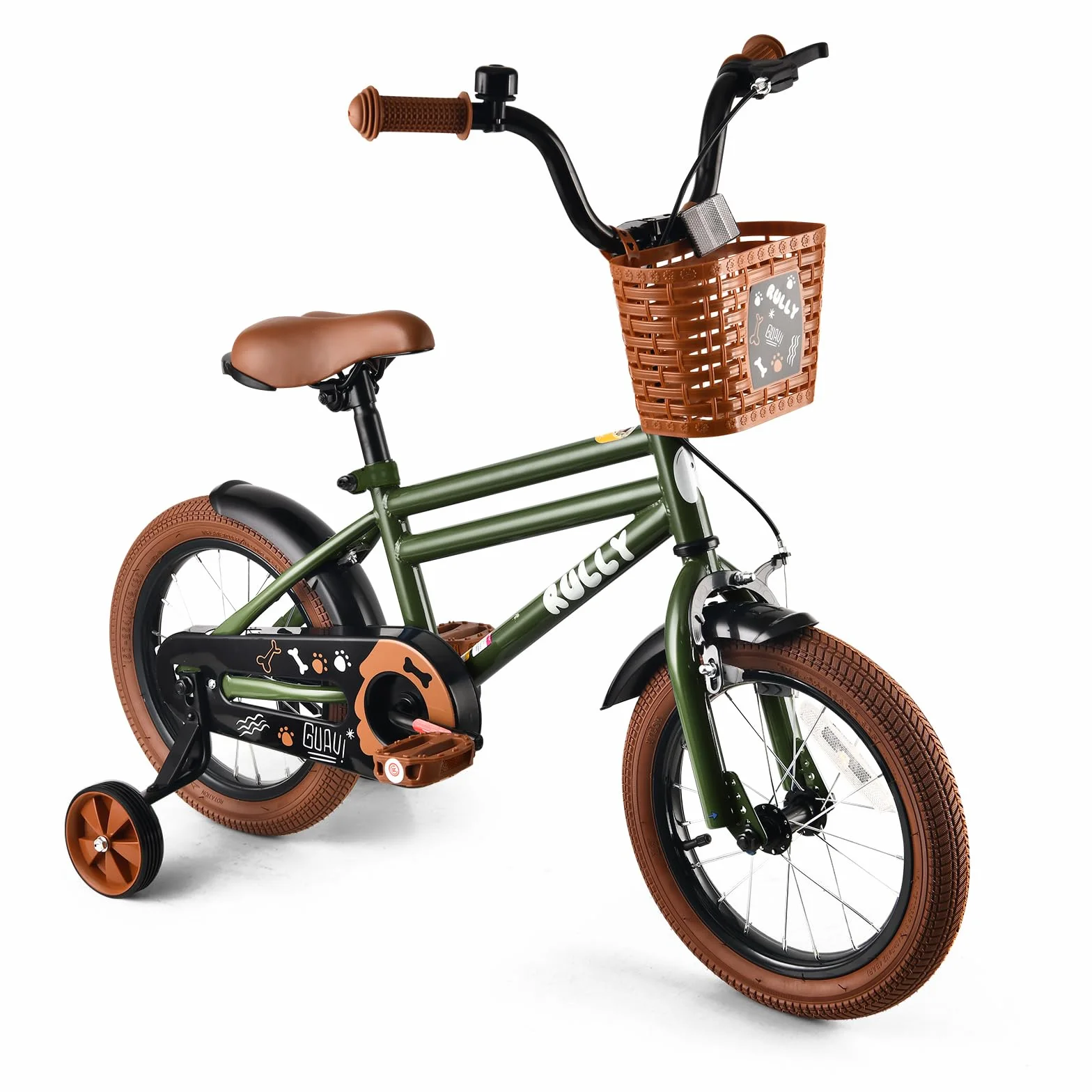 RULLY Bicicleta infantil de 16 pulgadas en color verde – Bicicleta infantil de 4 a 7 años con ruedas estabilizadoras, freno de contrapedal y freno de mano, cesta, cuadro resistente, bicicleta de