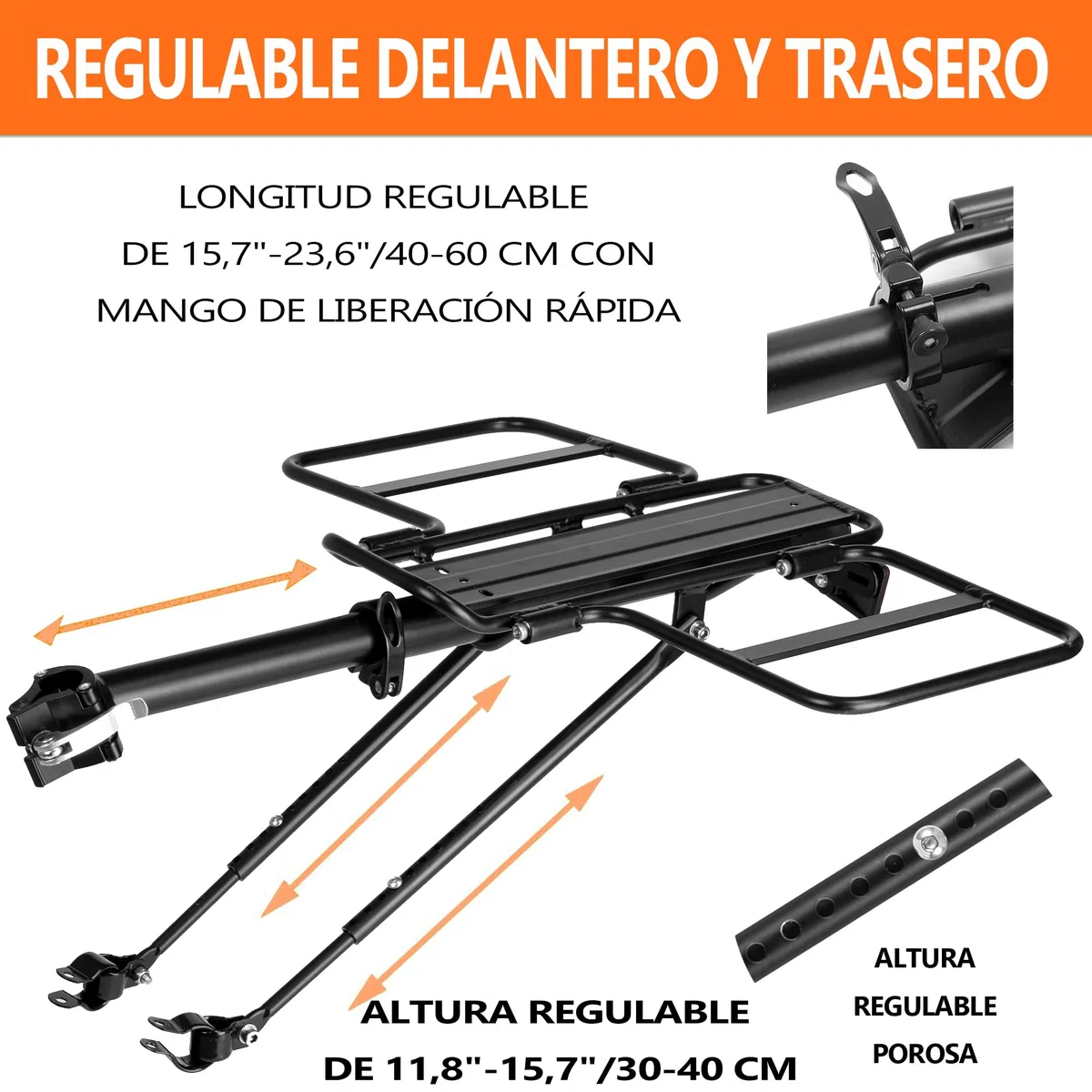 Portabultos Bicicleta Trasero Plegable con Alas Anchas, Liberación Rápida, Universal, Gran Capacidad, Regulable en Altura para Bicicletas de 24 a 29 Pulgadas
