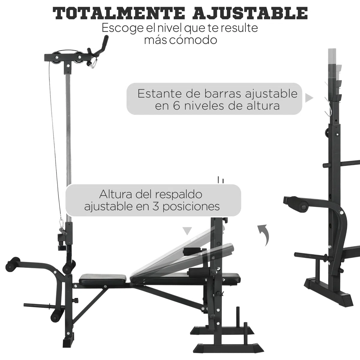HOMCOM Banco de Musculación Banco de Pesas Multifuncional Ajustable en 6 Niveles para Entrenamiento de Cuerpo Completo en Gimnasio Hogar Carga 150 kg 180x134x200 cm Plata y Negro