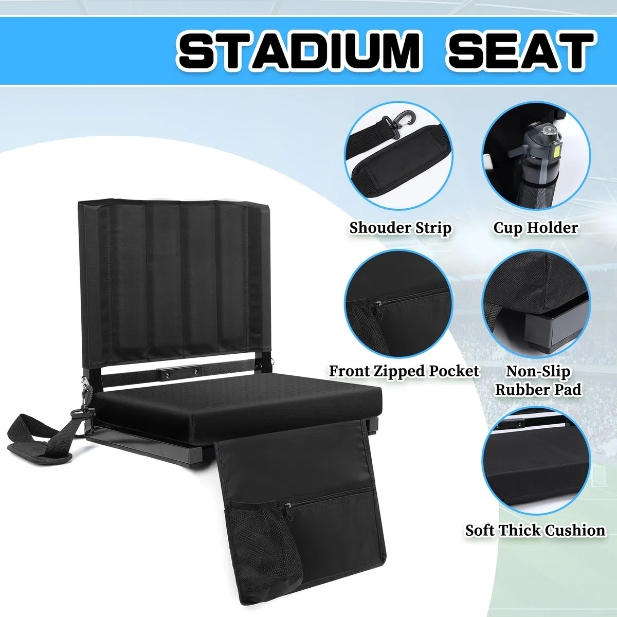 Asiento de estadio con respaldo acolchado, asiento de estadio con 2 opciones de transporte, asiento de tribuna con acolchado grueso para eventos deportivos y conciertos.