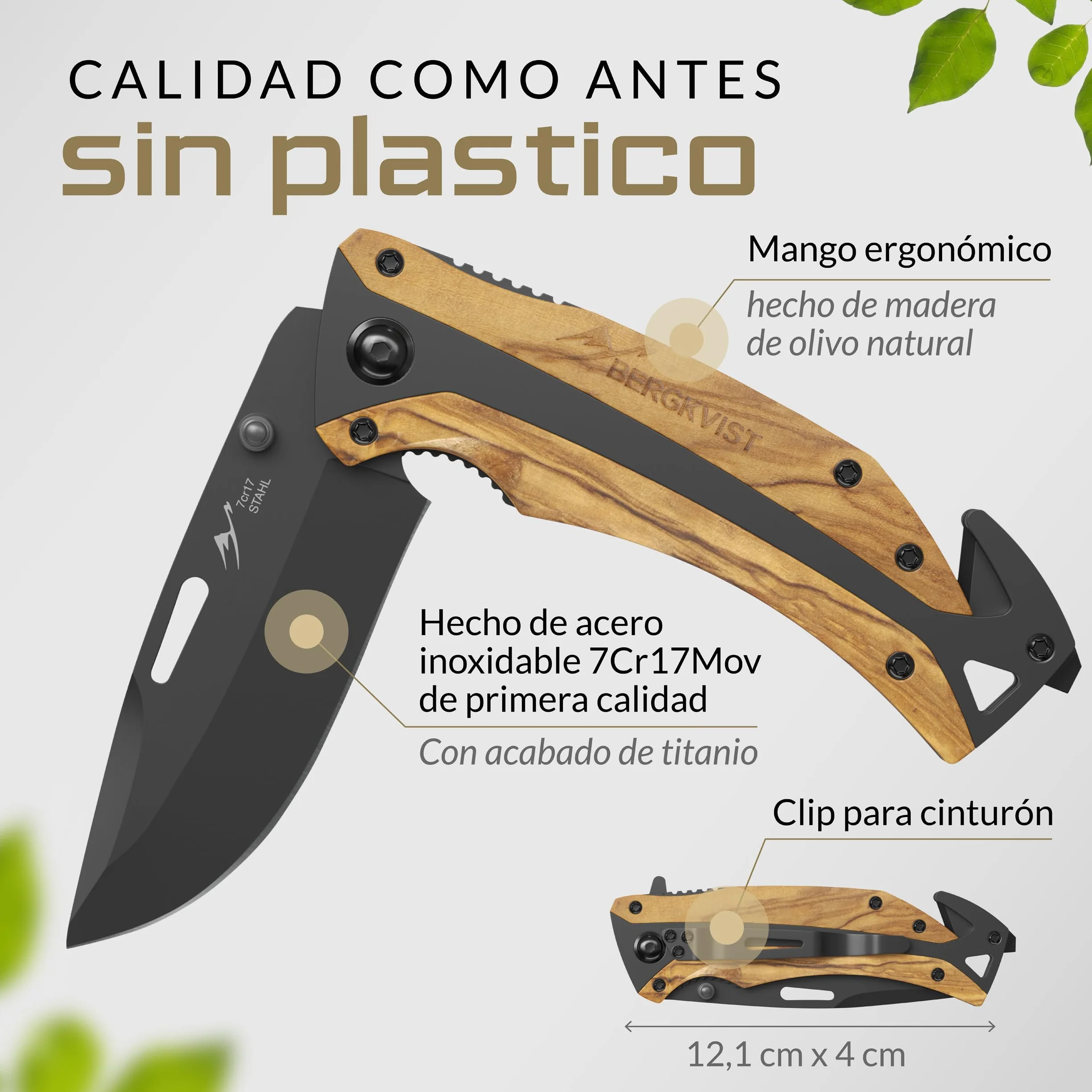 BERGKVIST® K29 Cuchillo plegable Titanium [navaja de bolsillo 3 en 1] | Navaja con rompecristales y cortacinturones, Bronze A' Design Award, mango de madera de olivo