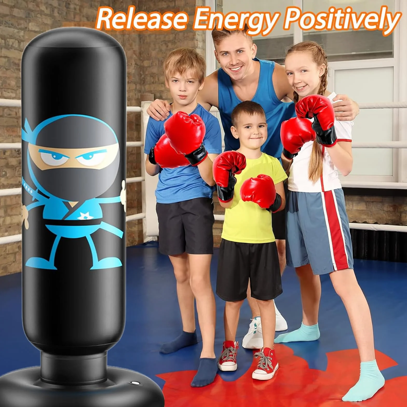 Saco de Boxeo Niños con Guantes de Boxeo 165cm Ninja Saco de Boxeo para Niños 3-12 Material Grueso Set de Boxeo para Juego Activo y Alivio del Estrés Regalo para Niños Niñas