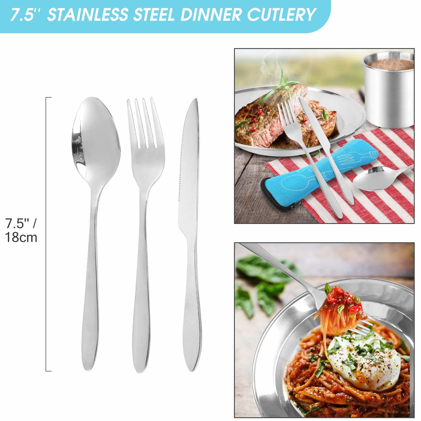 Odoland Vajilla de Acero Inoxidable para 1 Persona, 8-en-1, Cubiertos y Platos Kit de Picnic con Placa Tazon Tenedor Cuchara Cuchillo y Bolsa de Red, Camping Viajes