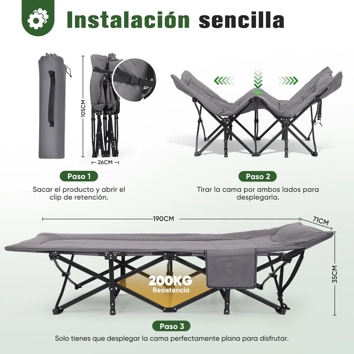Sekey Cama de Camping Plegable con Acolchado y Bolsillo Lateral, hasta 190 x 71 x 36 cm, Superficie de Descanso Muy Ancha, Tumbona de Camping para Exterior e Interior, Ideal para jardín, Camping