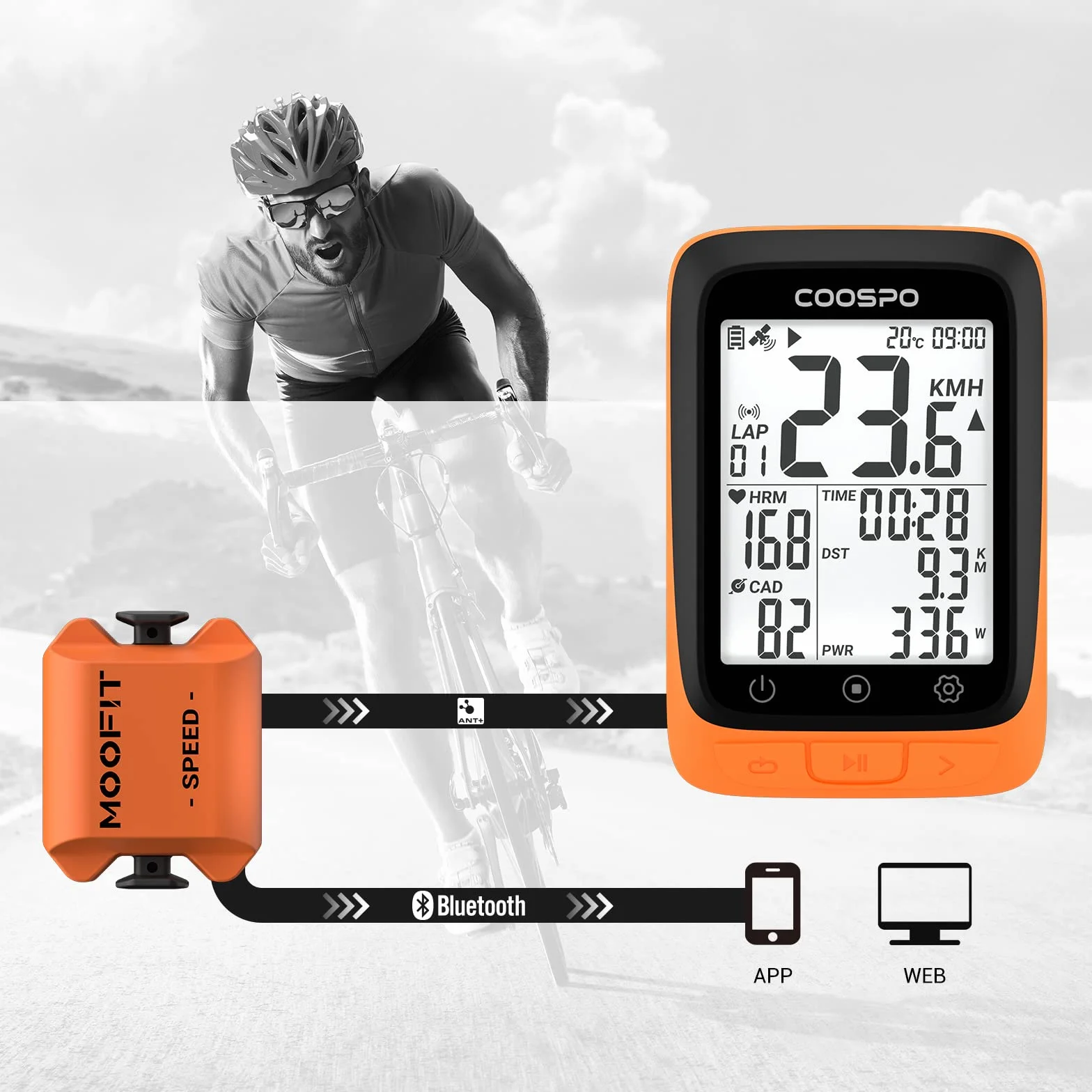 moofit CS8 Sensor de Velocidad/Cadencia para Ciclismo, Sensor de Velocidad | Distancia | Cadencia, Inalámbricos Bluetooth y Ant+ con Tecnología de Baja Energía Resistente al Agua IP67, Naranja