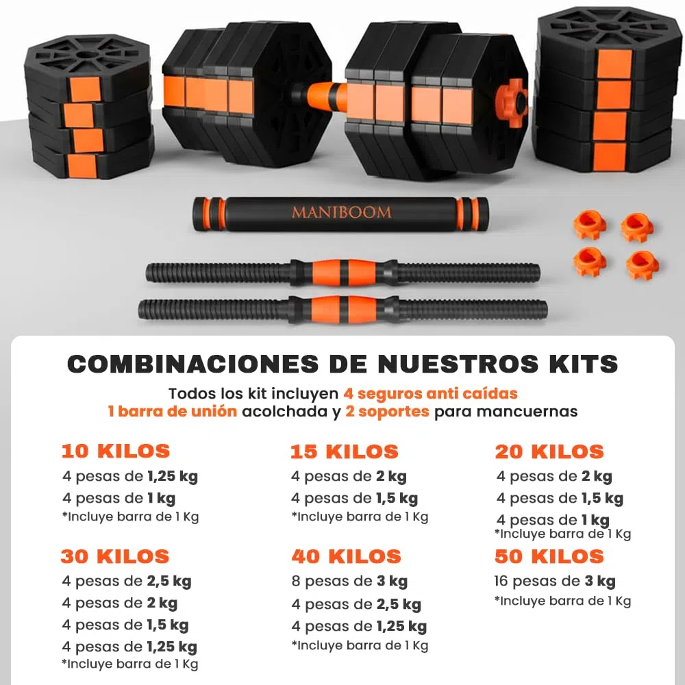 ManiBoom Pesas y Mancuernas Ajustables - Kit de Pesas Ajustables con Barra y Cierre de Seguridad - Equipo de Entrenamiento Progresivo para Toda la Familia