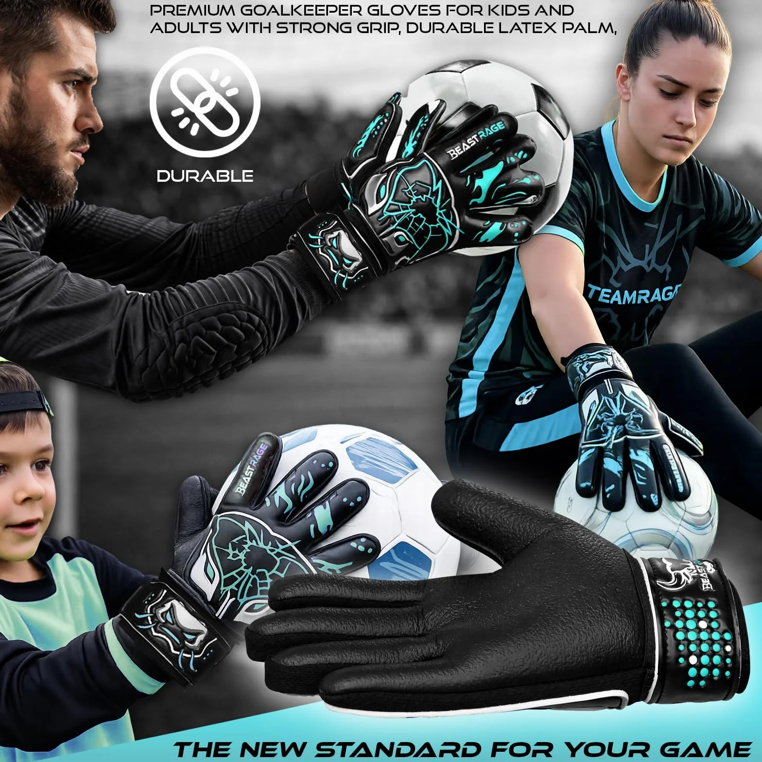 BEAST RAGE Guantes de Portero para niños-látex alemán Antideslizante Premium 3 mm + 4 mm Palma laminada,Retroceso Ligero 3+4 mm,Correa de muñeca Ajustable