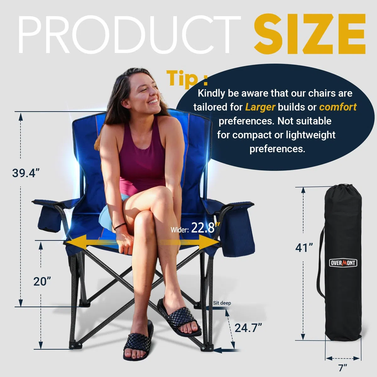 OVERMONT Silla de Camping Plegable - Grande Silla de Pesca Portátil con Reposabrazos Portabebidas - para Acampada Jardín Playa Pesca - hasta 227 kg