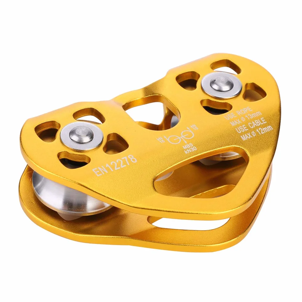 KIMISS Pulley para Escalada 30KN, Doble polea para tirolina y Rescate, Equipo Outdoor Resistente, Trolley para Cables, polea Dual de Acero (Oro)