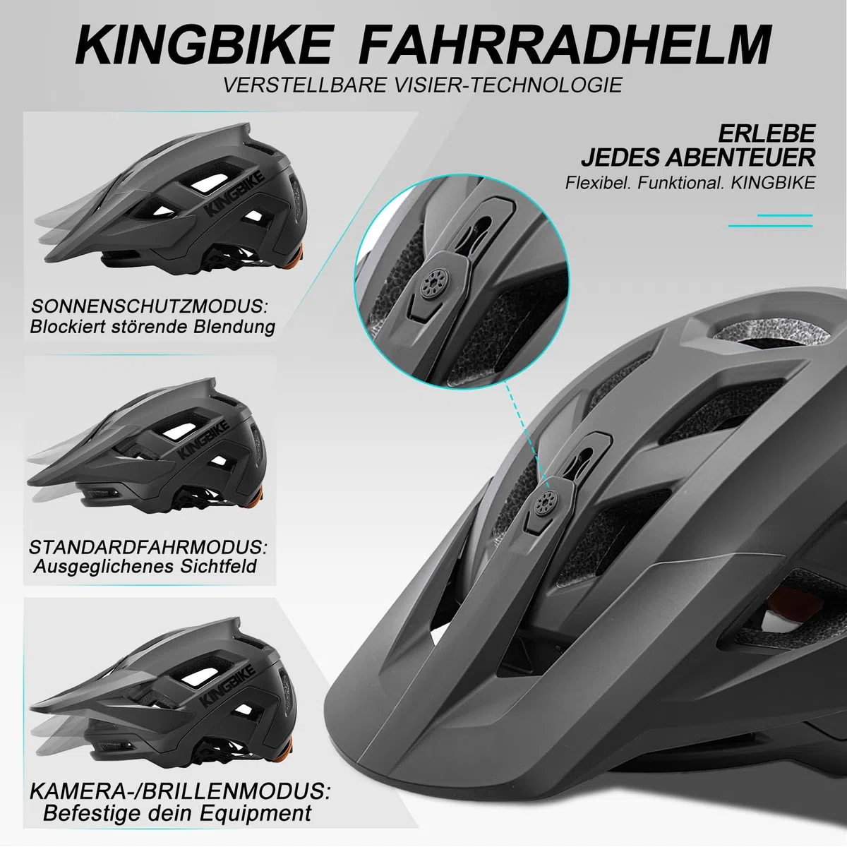 KINGBIKE Casco de bicicleta de montaña profesional E-MTB NTA-8776 Casco de seguridad para bicicleta eléctrica con visera ajustable de 3 niveles y soporte para cámara, casco de bicicleta MTB para