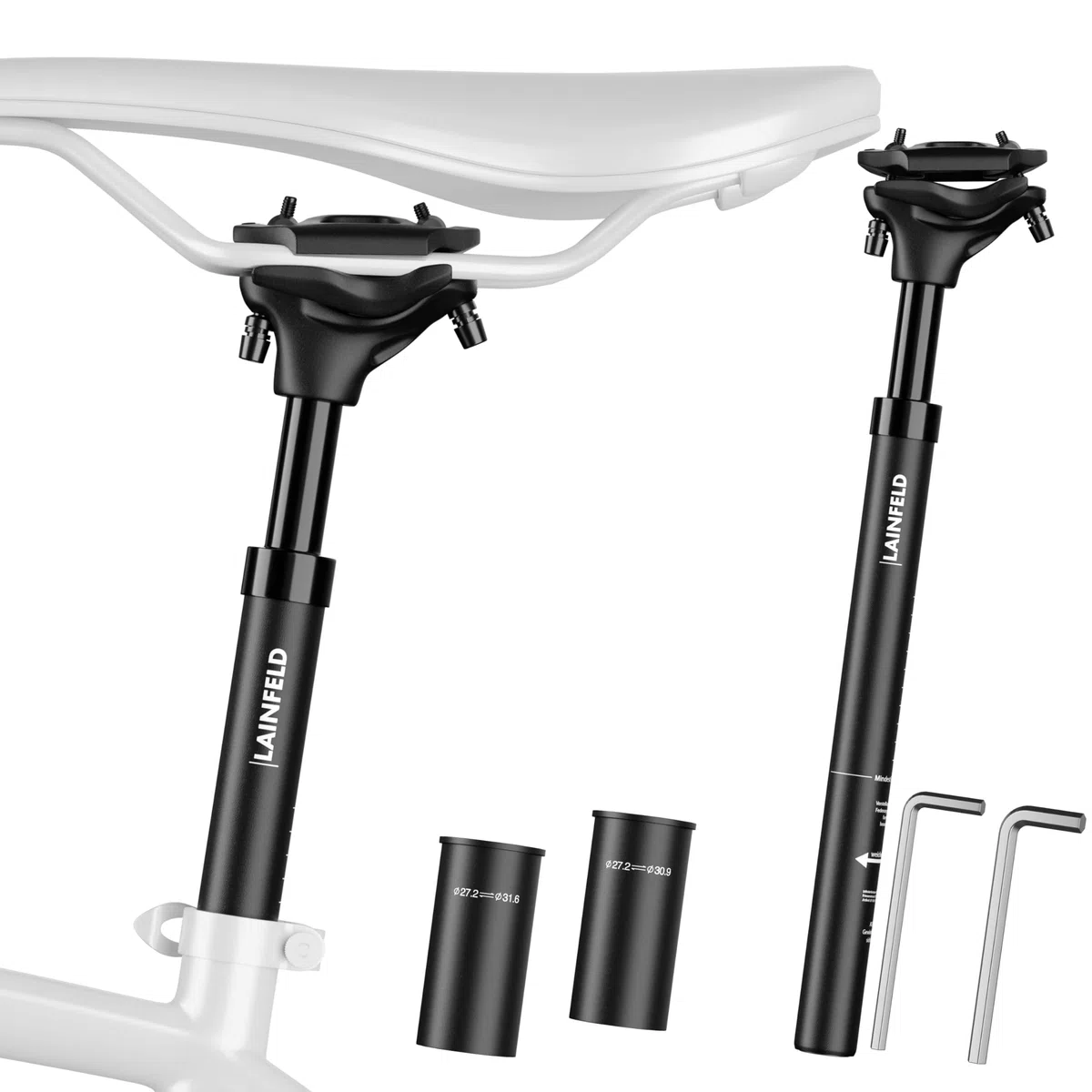 Tija de sillín con suspensión LAINFELD | Ajustable para MTB y E-Bike | Compatible con 27,2 mm, 30,9 mm y 31,6 mm | Incluye Herramientas | Ideal para Hombre y Mujer Ciclistas.