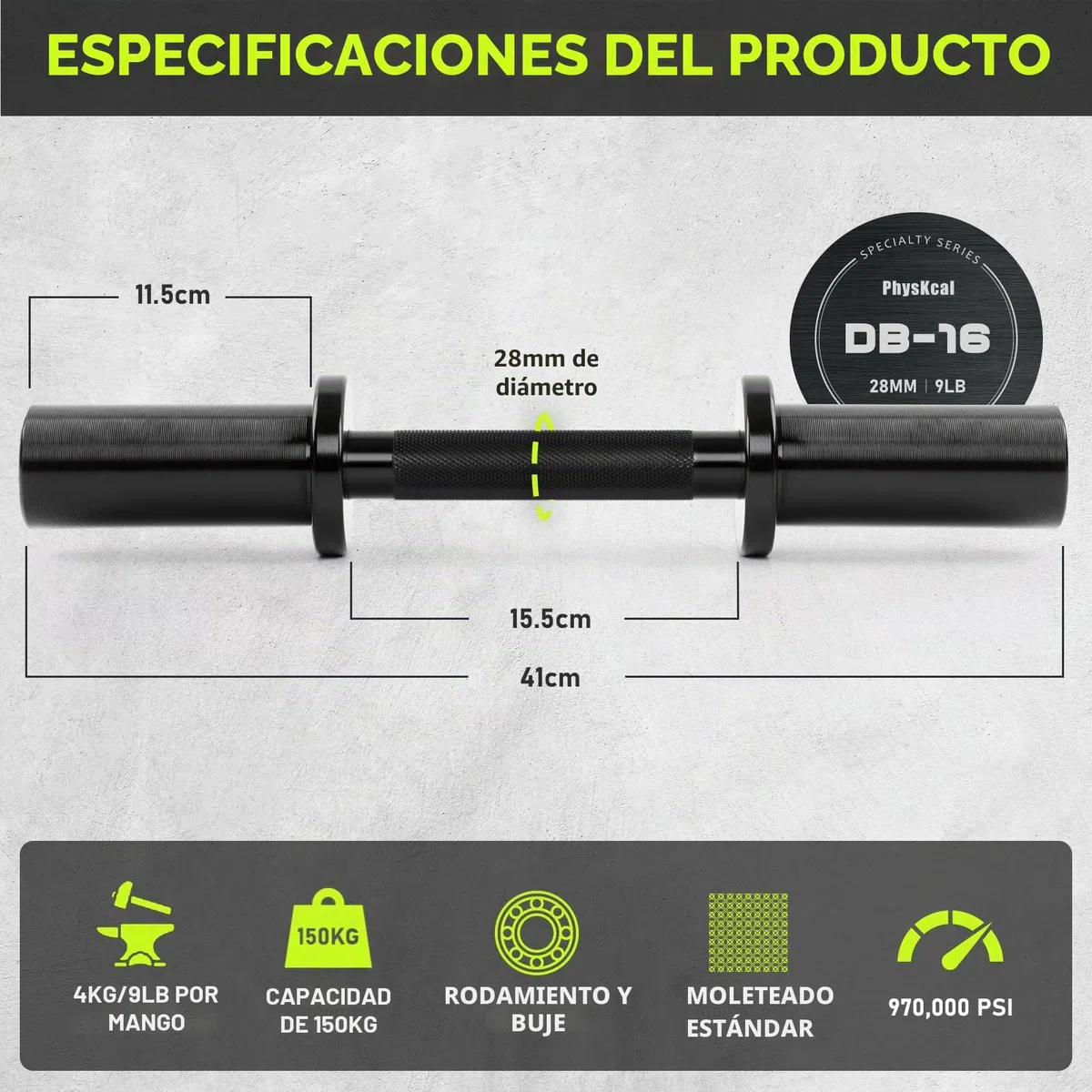 PhysKcal Barra de mancuernas para discos de peso de 2 pulgadas, mangos de mancuerna olímpicos de 16 pulgadas con agarre de 28 mm, mancuernas de carga para discos de peso olímpicos (collares incluidos)