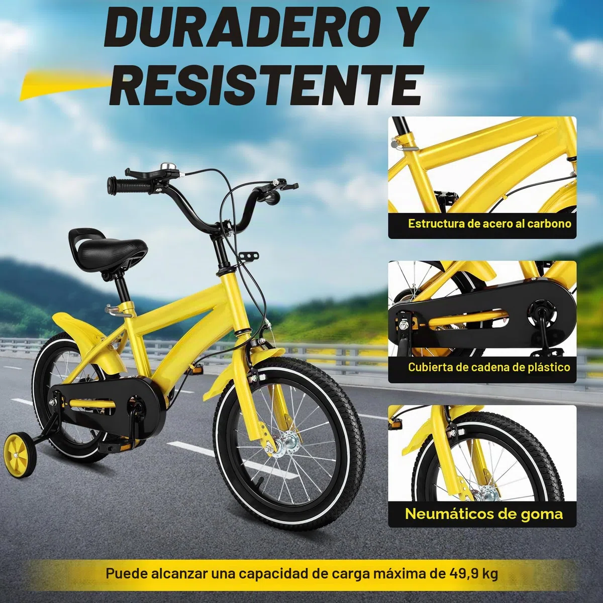 Bicicleta infantil, 14 pulgadas, unisex, con ruedines extraíbles, cuadro de acero al carbono, para niños y niñas de entre 3 y 6 años