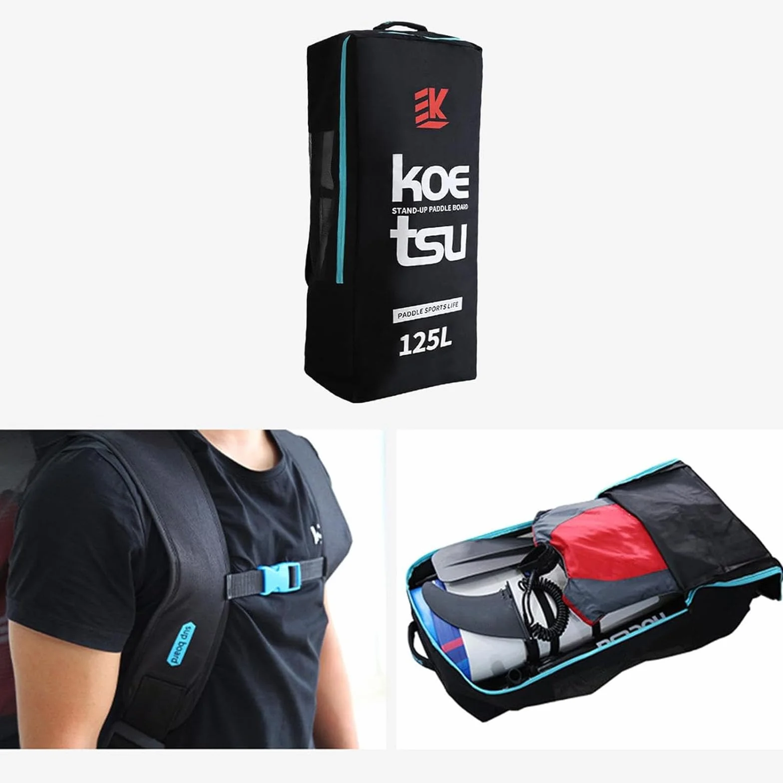 Mochila para Tabla de Paddle Surf 105L Tela Oxford Impermeable Gran Capacidad Negro