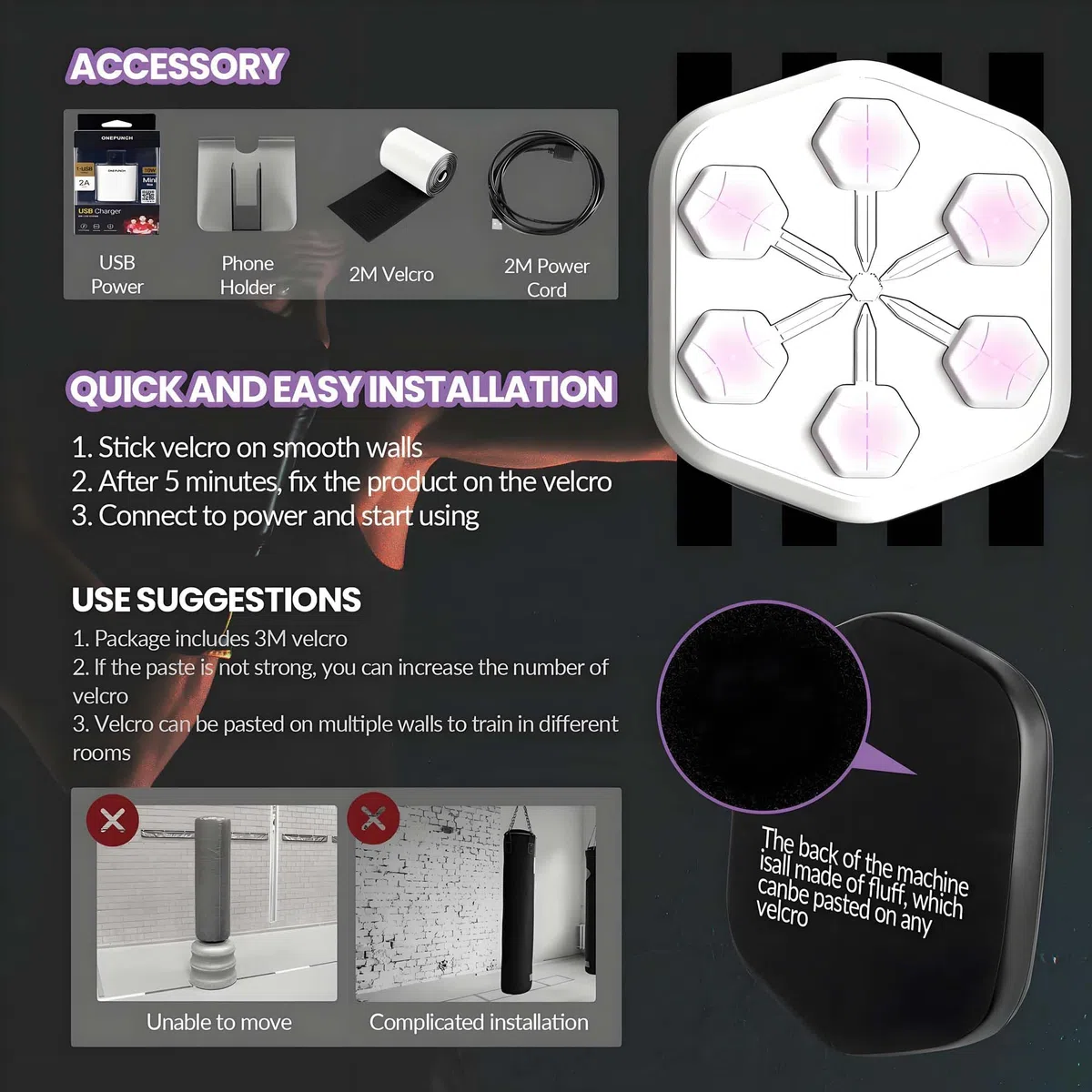 V3 - Máquina de boxeo de pared con panel más grande y guantes para ejercicios en casa