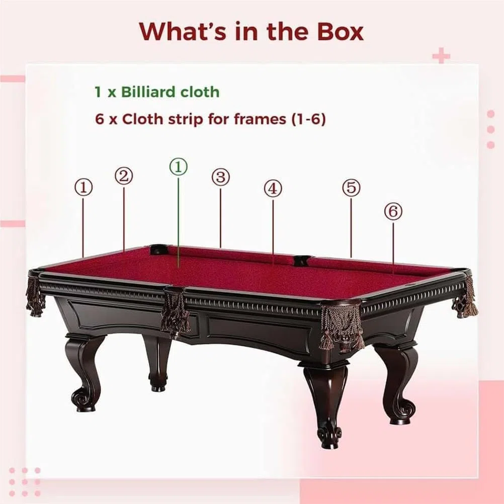 Paño de Billar estándar para Mesa de Billar, cojín de Fieltro de Mesa de Alto Rendimiento de 7/8/9 pies con Envoltura Lateral de 6 Piezas, Rojo,2.4M/7ft