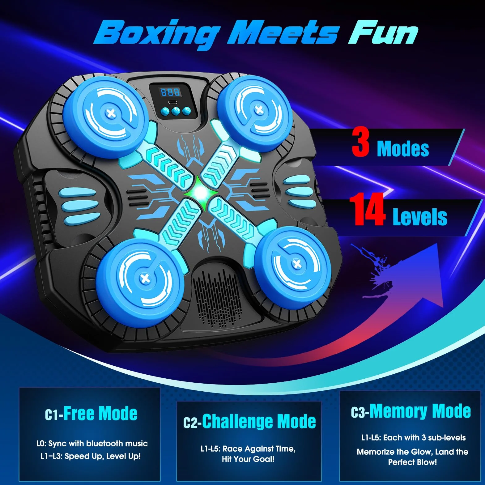Máquina de Boxeo Musical para Niños con Guantes, Bluetooth, 3 Modos de Juego, Pantalla LED, Saco de Boxeo de Pared, Juguete 3-12 años