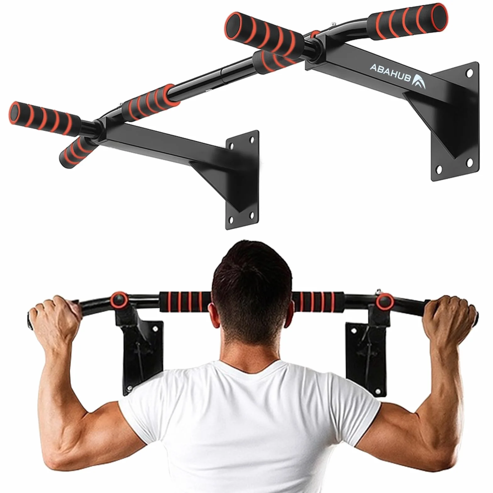 Abahub Barra de Dominadas con 3 Agarre y Estructura Triangular, Montaje a Pared (200kg) - Ideal para Calistenia y un Home Gym Seguro – Negro/Naranja
