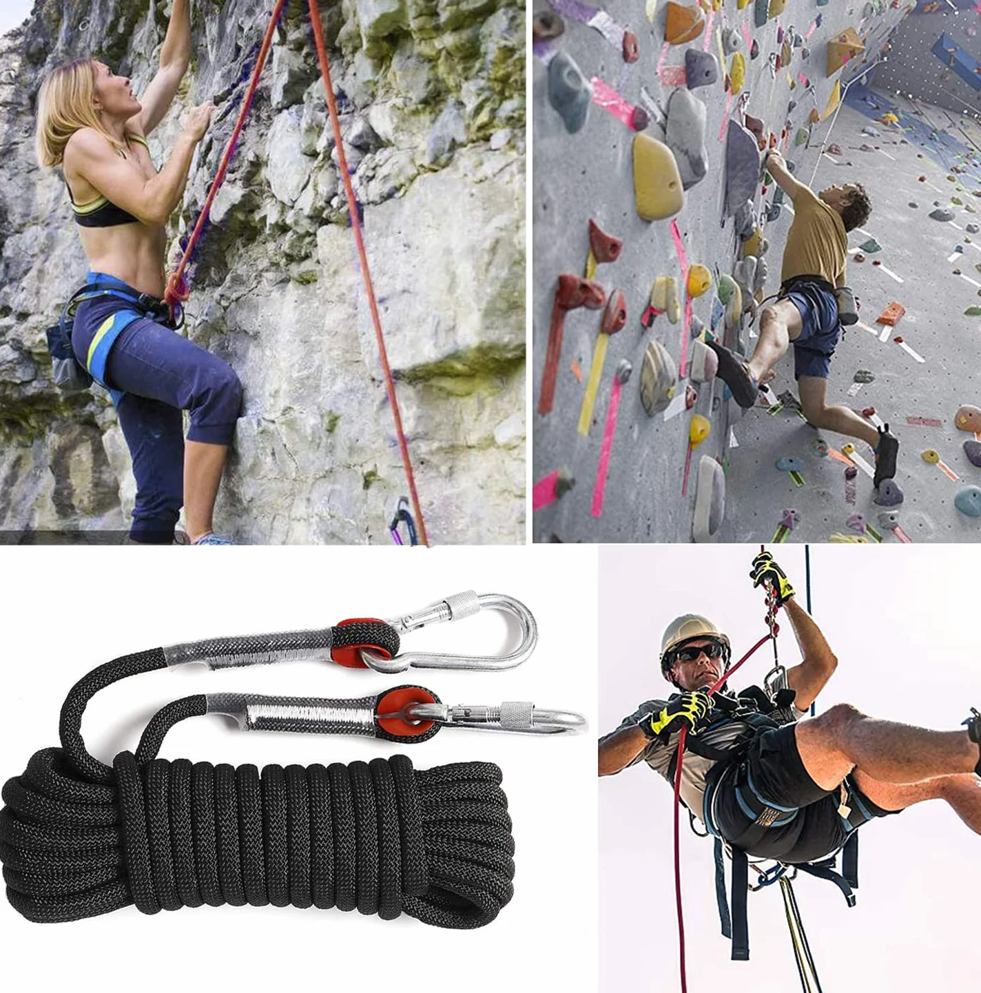 Cuerda de Escalada 10 m 10 mm 4 Mosquetones 12KN Estática con Bolsa Reflectante para Camping Rescate Senderismo