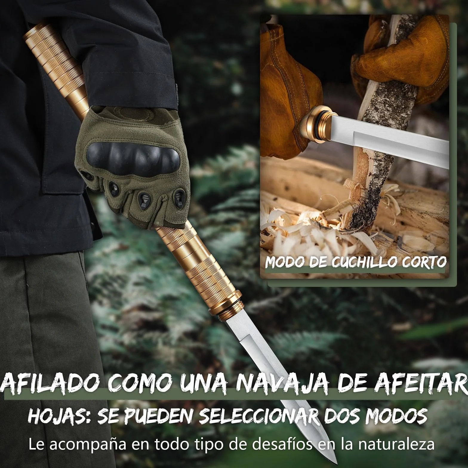 Japaknives Cuchillo de supervivencia exterior 5 en 1 fijo desmontable de acero D2 con silbato rompecristales para camping hombres dorado