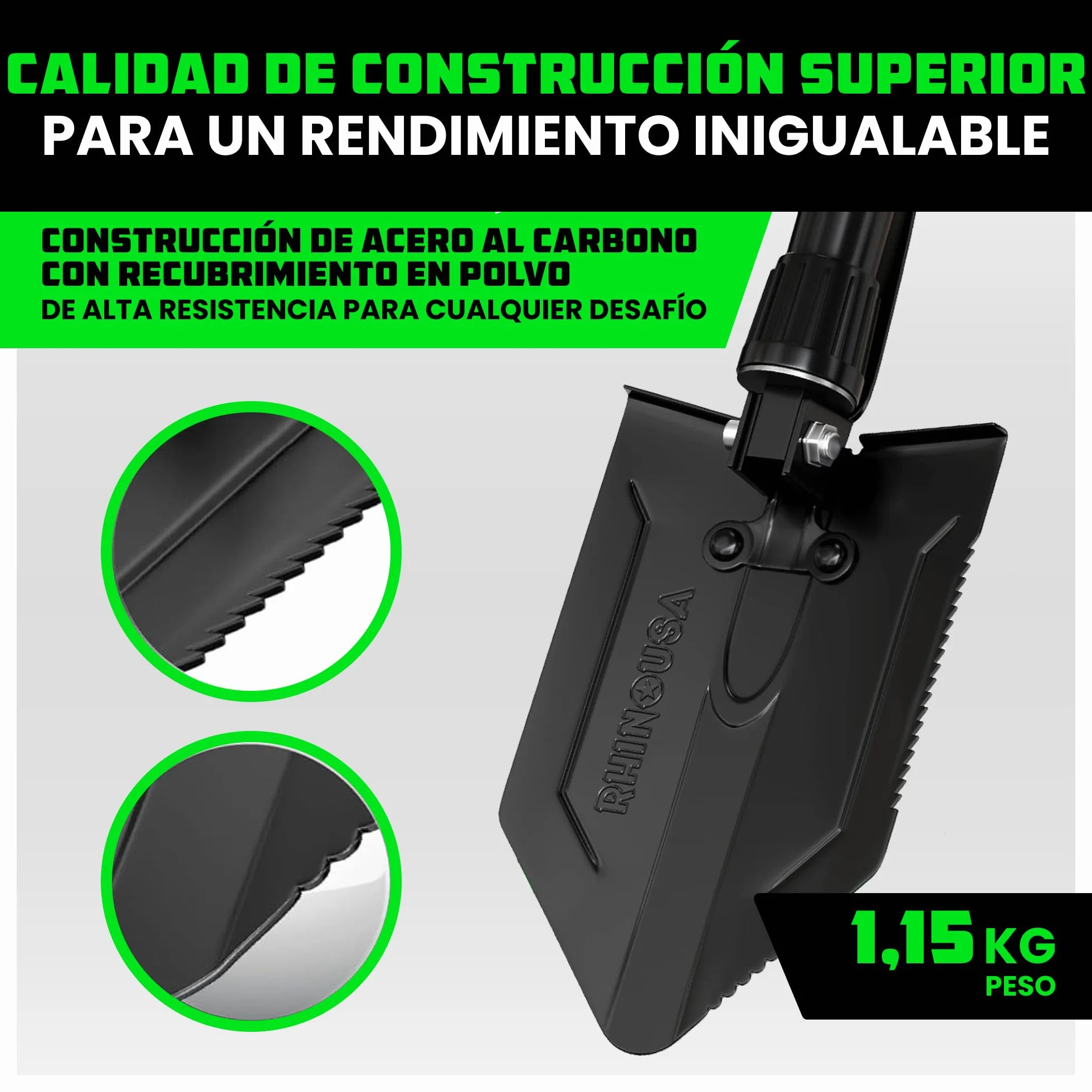 Rhino USA Pala Plegable con Pico - Pala eTool Plegable de Acero Robusta para Playa, Camping, Jardinería y más - Herramienta de Excavación Militar Táctica para Tierra, Arena, Barro y Nieve