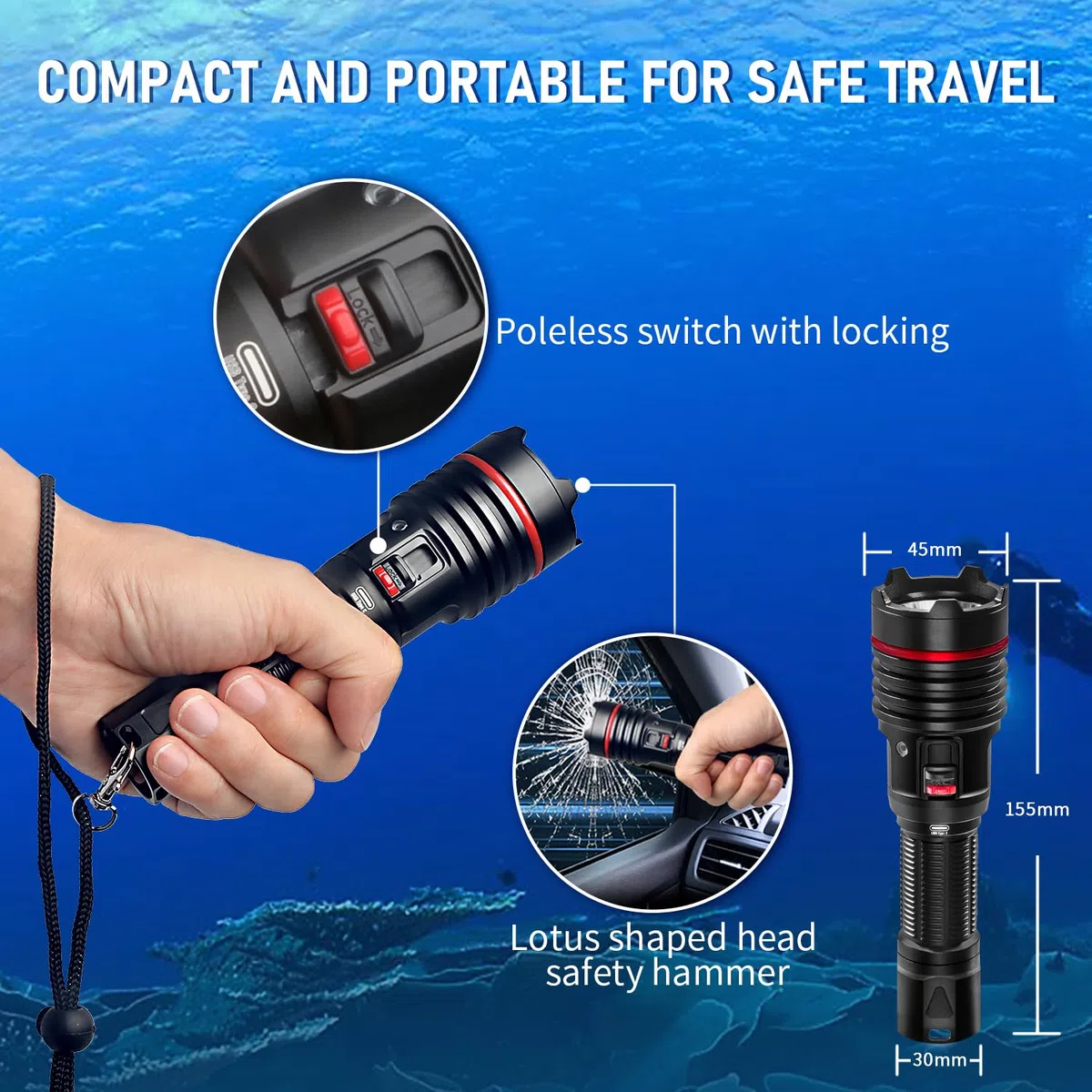 Linterna de Buceo Profesional, 2000 Lúmenes, 100m, Carga USB-C, Ideal para Deportes Subacuáticos