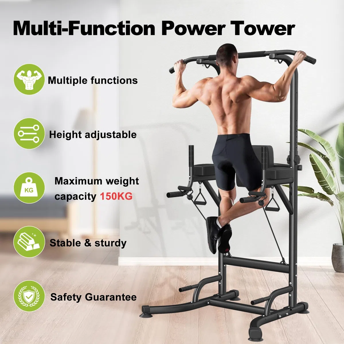 Power Tower Dip Station Barra de dominadas independiente Altura regulable de 170 – 220 cm Multifuncional Estación de fuerza Torre de Entrenamiento para Casa Pull Up Bar
