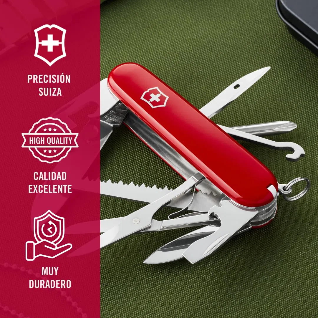 Victorinox Navaja suiza de bolsillo Fieldmaster, 15 funciones, Hecha en Suiza, multiherramienta con gancho multiusos, abrelatas, tijeras, rojo