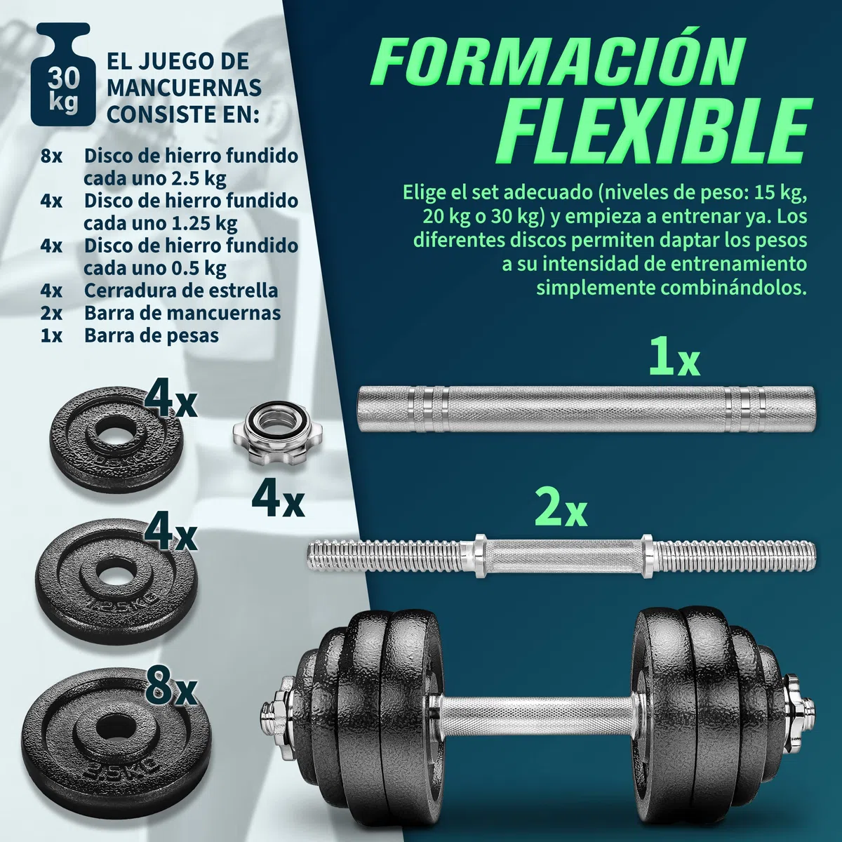 RE:SPORT Mancuernas Ajustables 15-30kg - Pesas y Mancuernas de Hierro Fundido con Barra y Discos para Culturismo, Aptitud, Halterofilia, Ejercicios de Gimnasio Doméstico