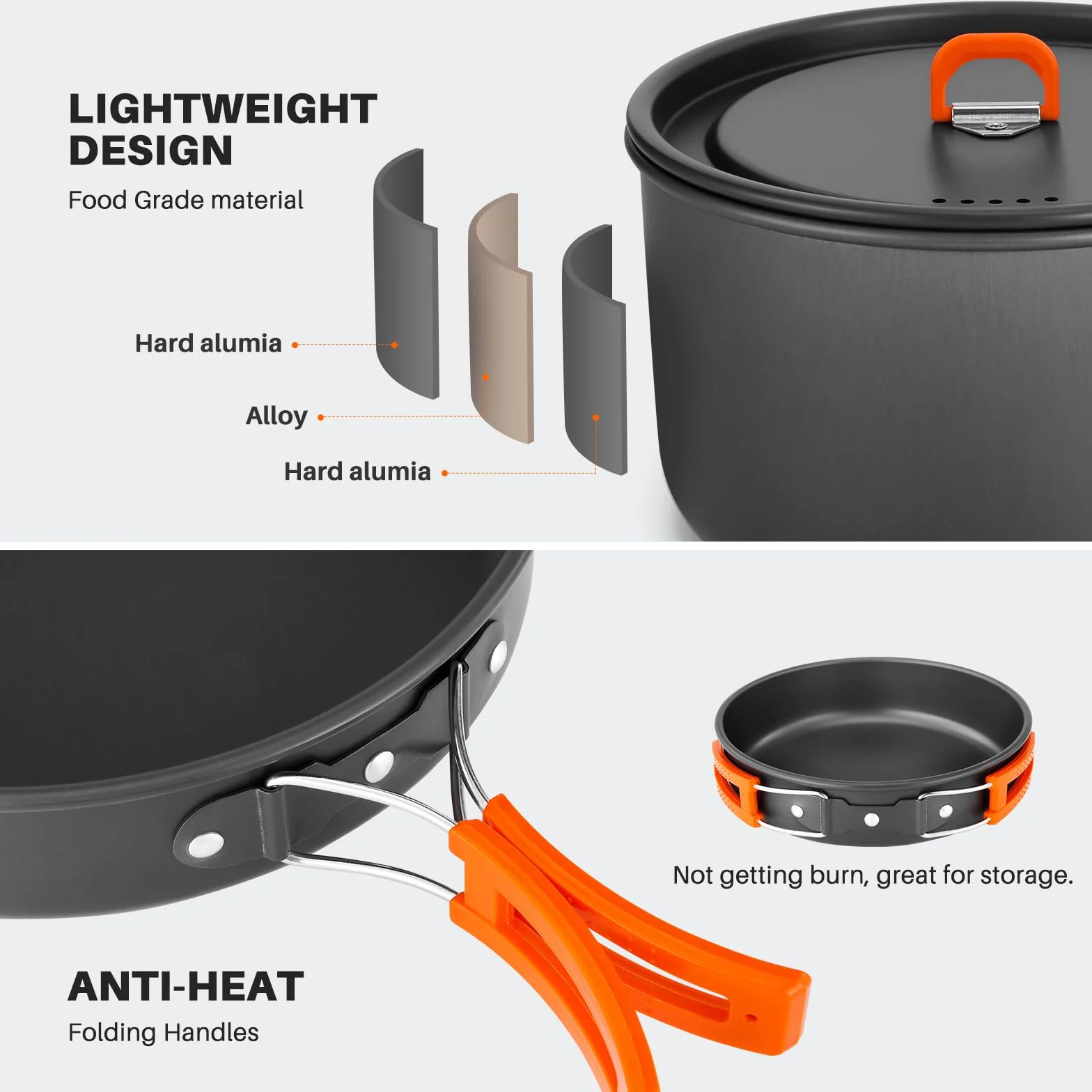 Odoland Utensilios de Cocina para Camping para 1-3 Personas, Ollas Sartén Hervidor de Camping, para Camping Senderismo Excursiones Cocina Outdoor y Picnics, Ollas 2.9L + Sartén 0.9L + Hervidor 1.6L